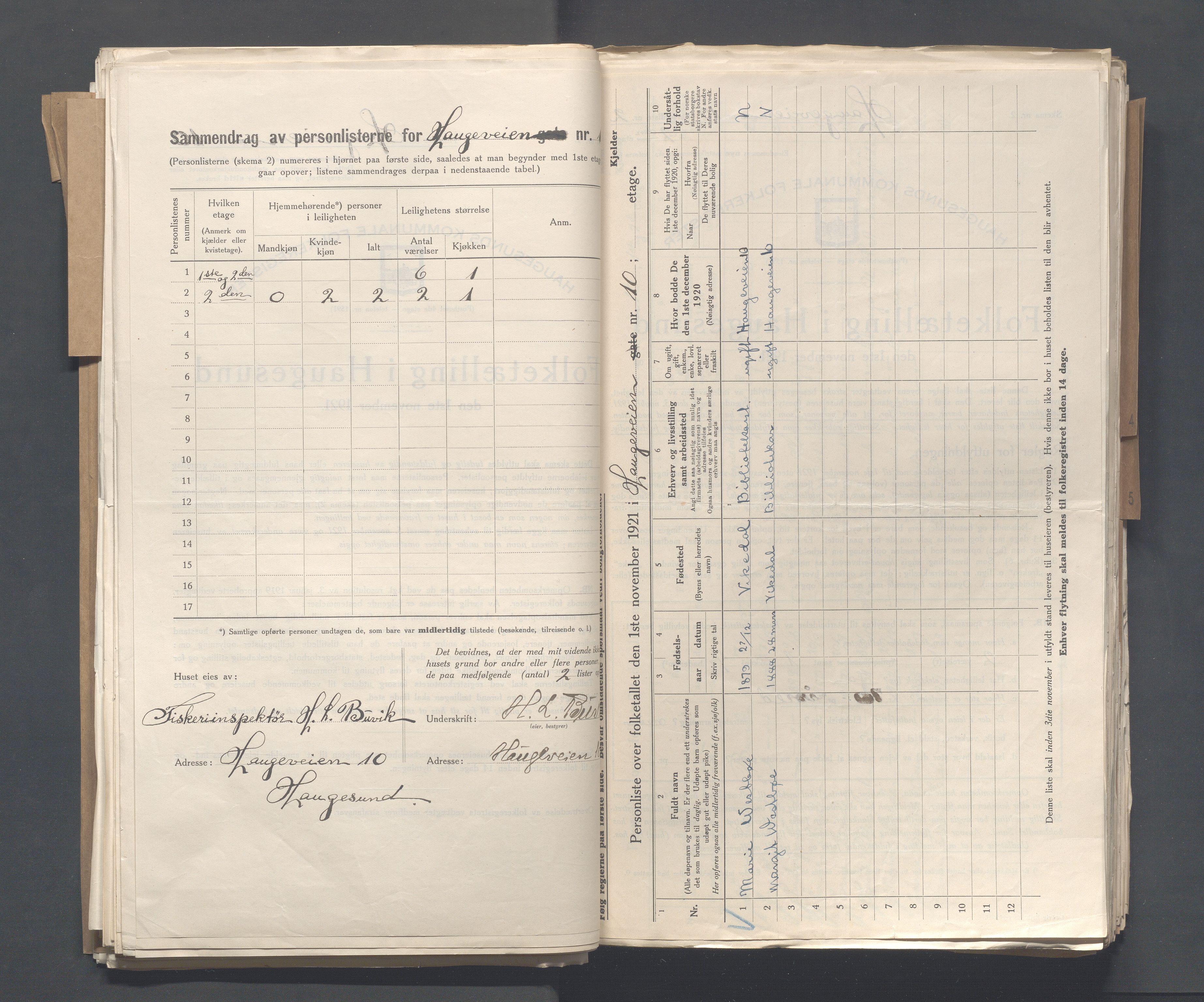 IKAR, Local census 1.11.1921 for Haugesund, 1921, p. 1926