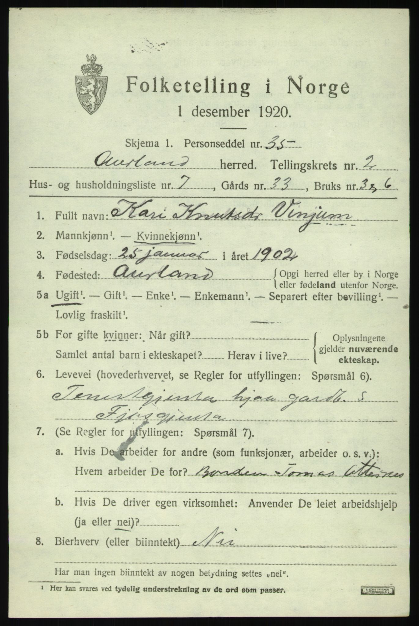 SAB, 1920 census for Aurland, 1920, p. 1892