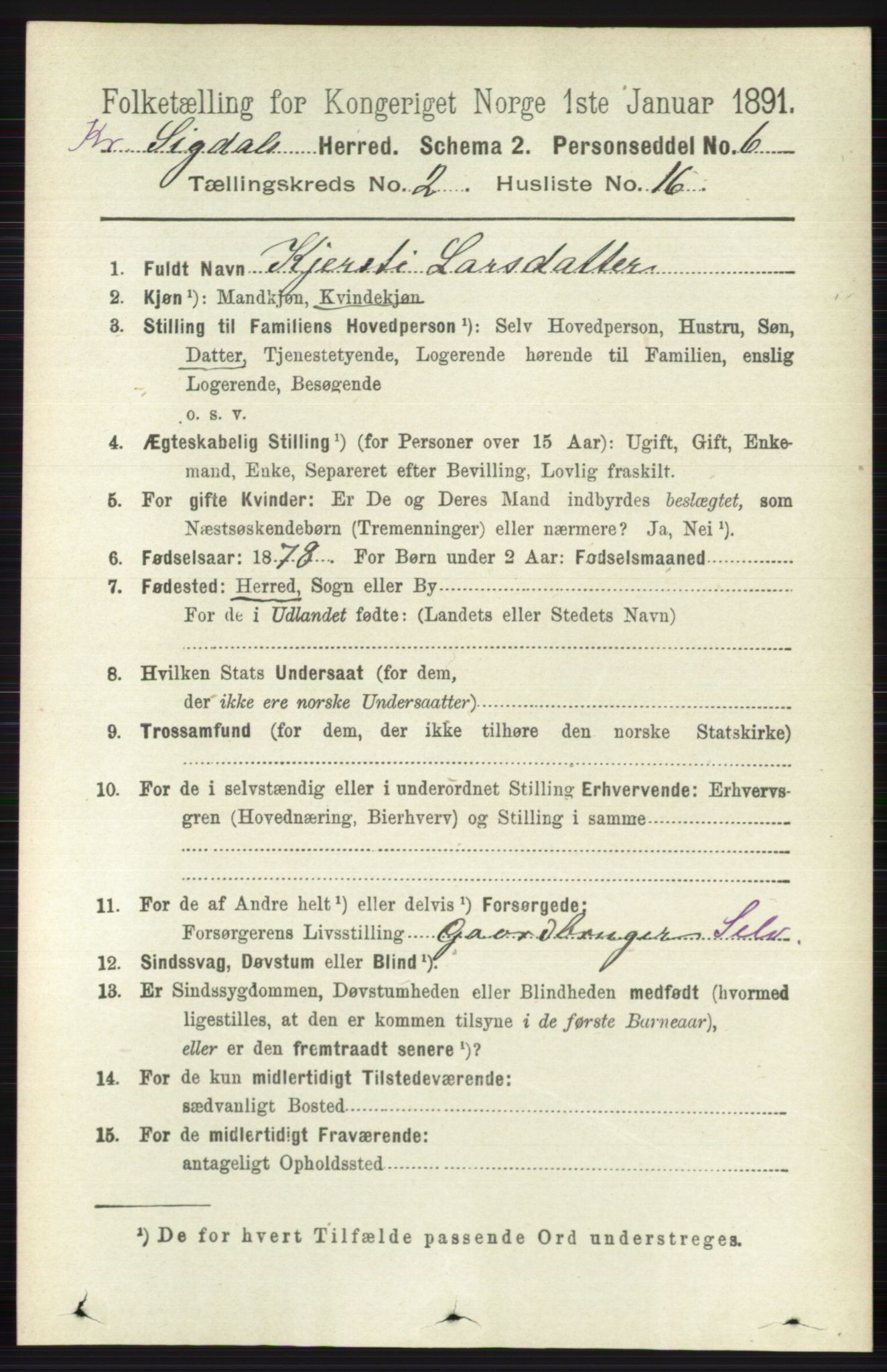 RA, 1891 census for 0621 Sigdal, 1891, p. 5433