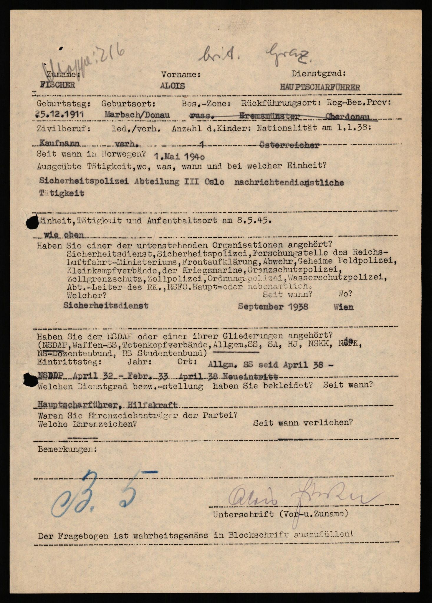 Forsvaret, Forsvarets overkommando II, AV/RA-RAFA-3915/D/Db/L0038: CI Questionaires. Tyske okkupasjonsstyrker i Norge. Østerrikere., 1945-1946, p. 313