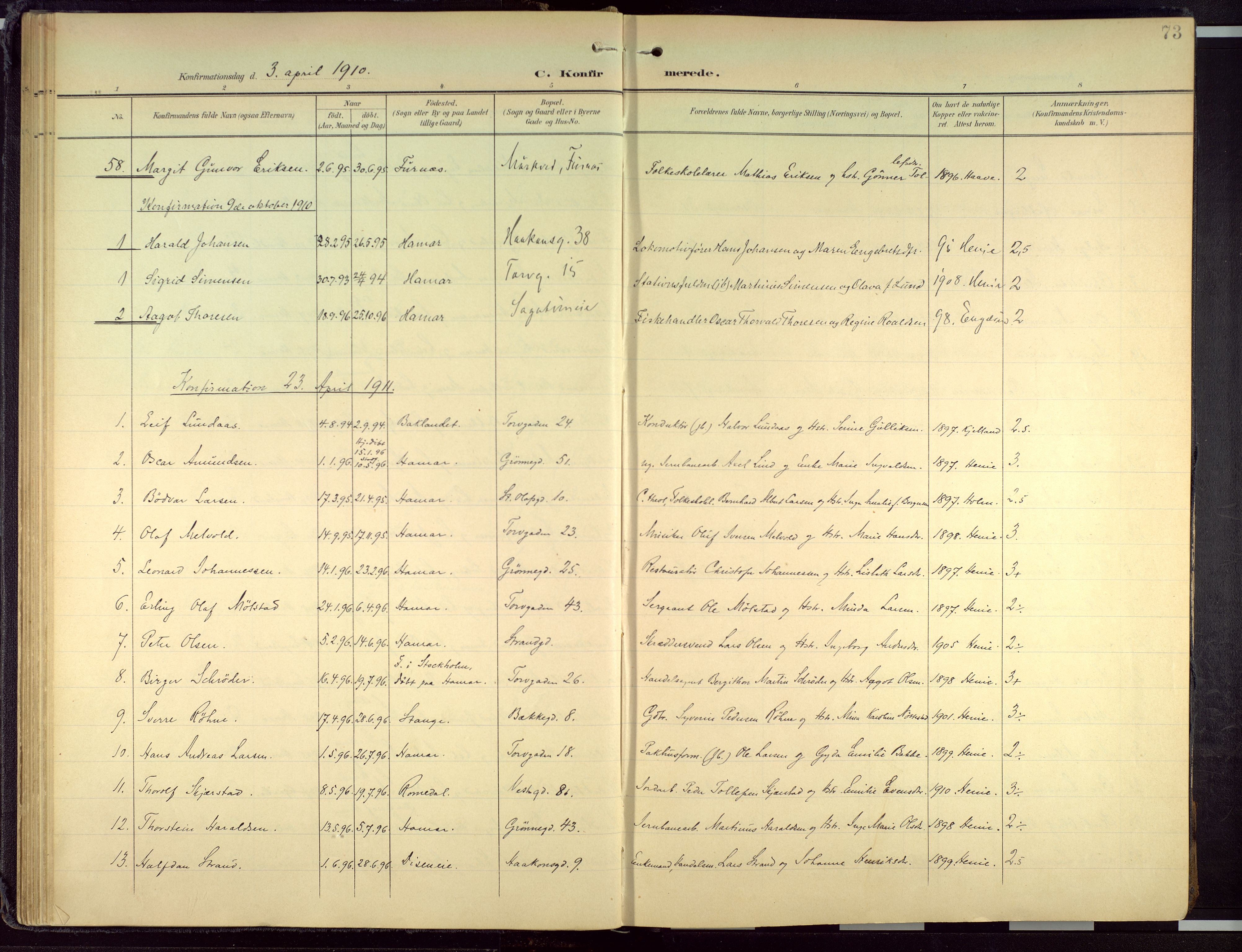 Hamar prestekontor, AV/SAH-DOMPH-002/H/Ha/Haa/L0004: Parish register (official) no. 4, 1899-1973, p. 73