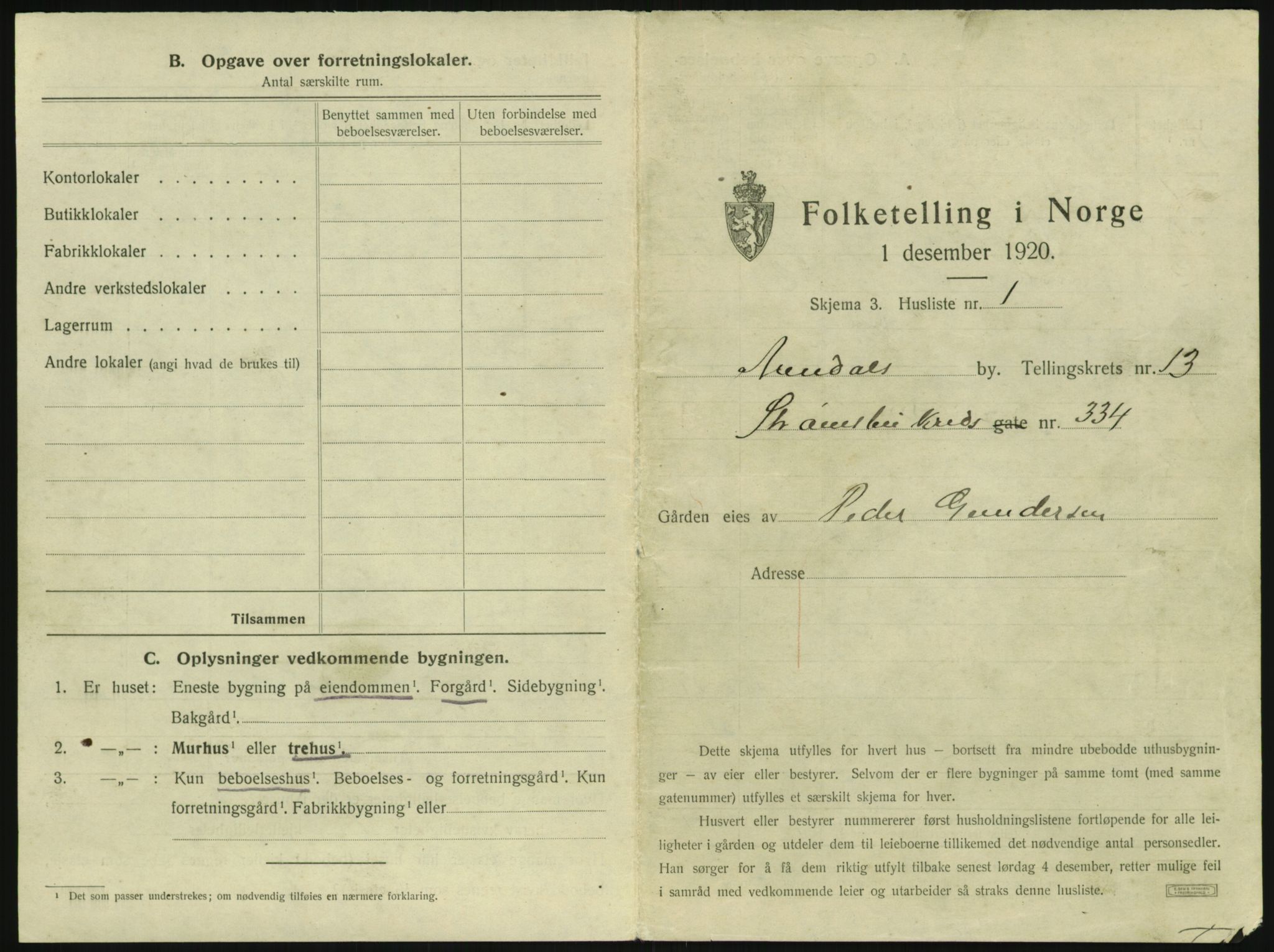 SAK, 1920 census for Arendal, 1920, p. 1826