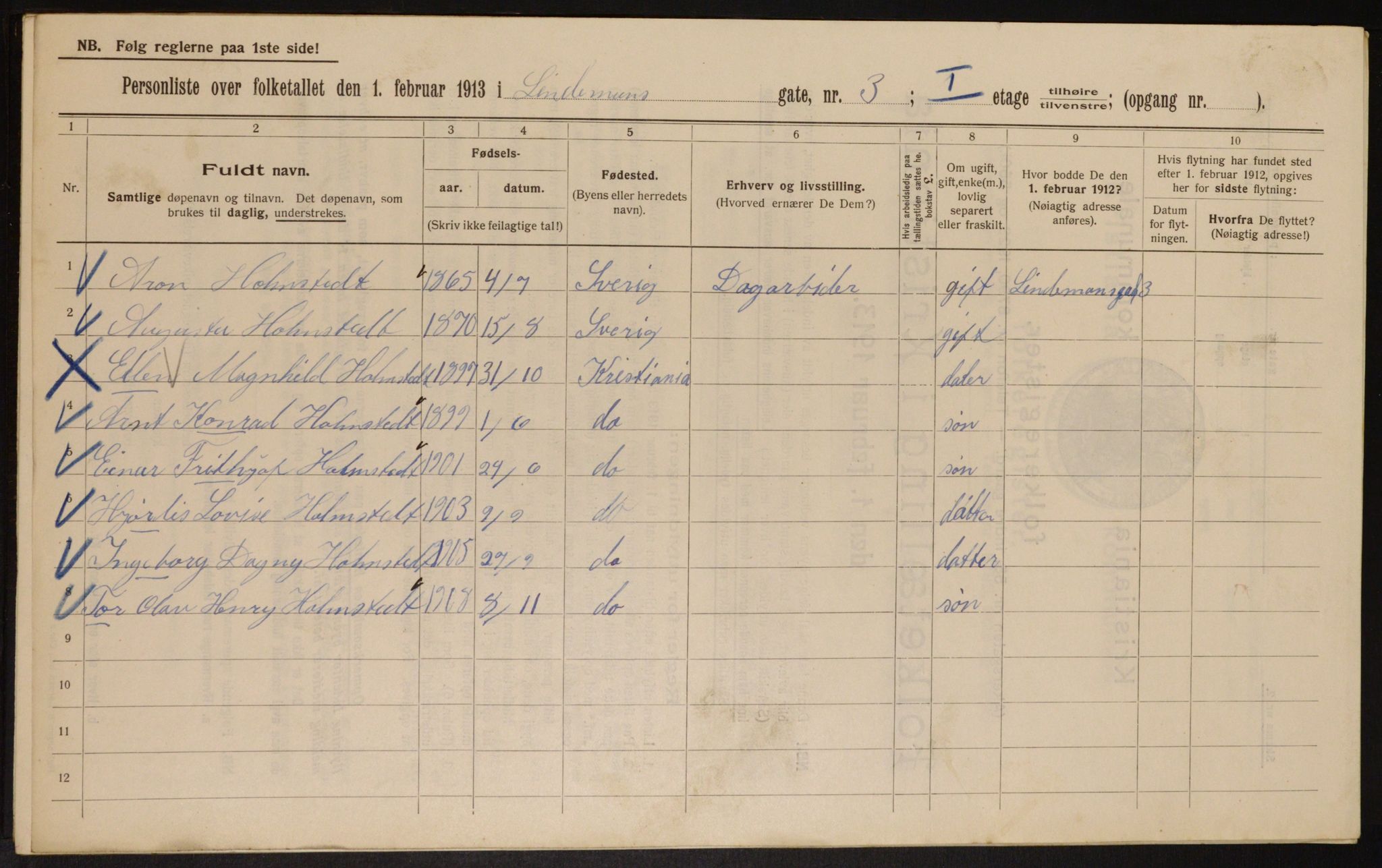 OBA, Municipal Census 1913 for Kristiania, 1913, p. 57400