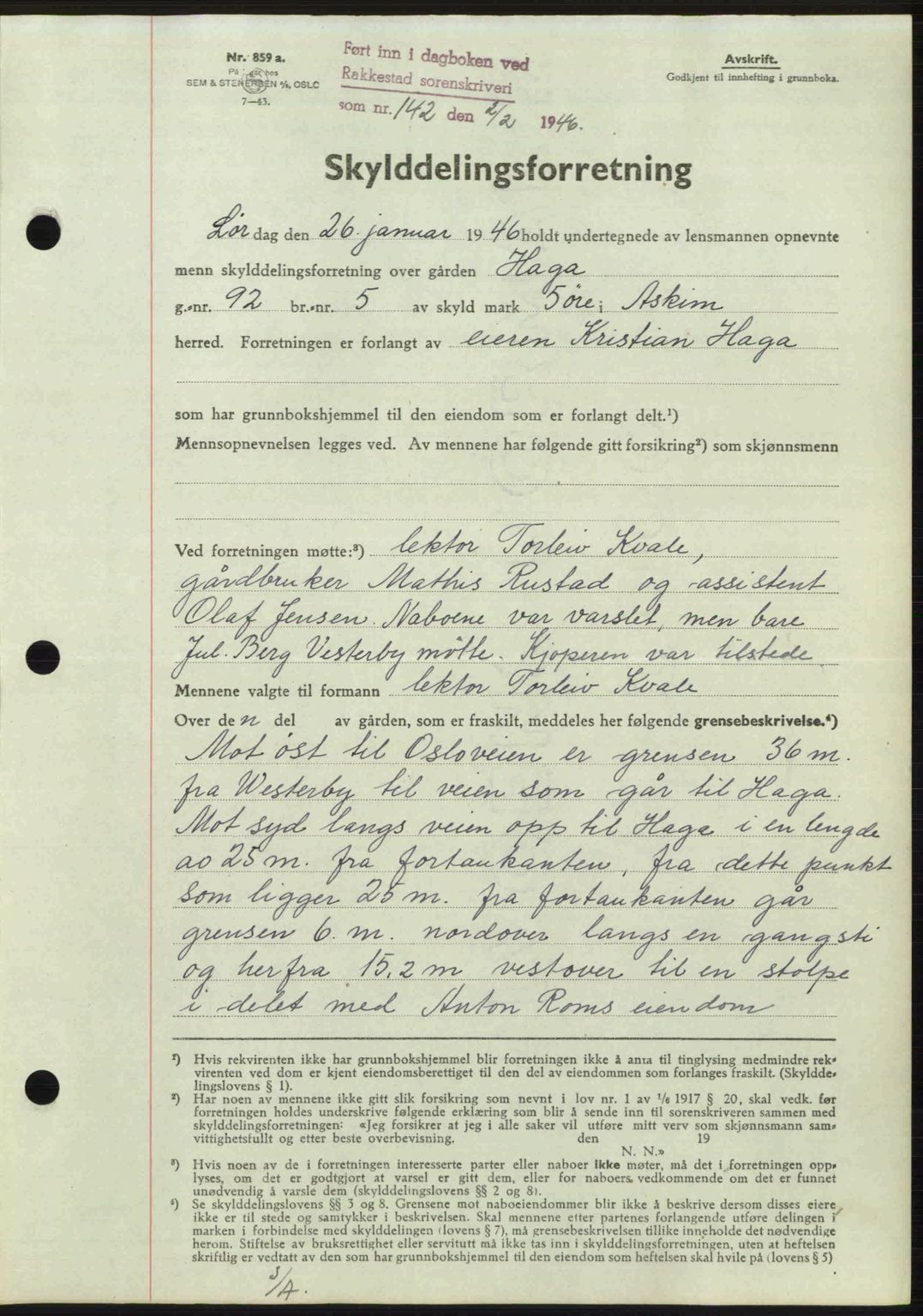 Rakkestad sorenskriveri, AV/SAO-A-10686/G/Gb/Gba/Gbab/L0012a: Mortgage book no. A12 I, 1945-1946, Diary no: : 142/1946