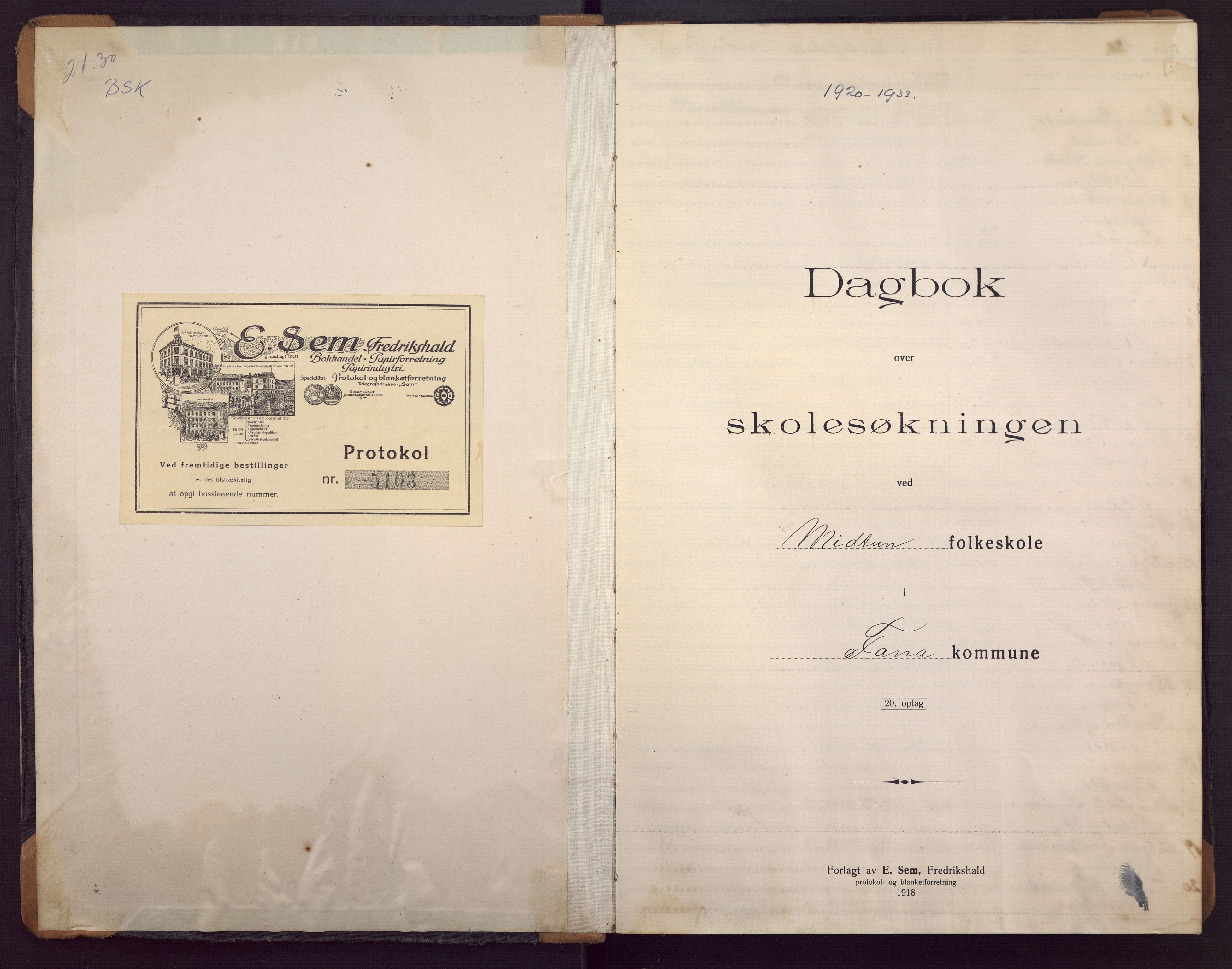 Midtun skole, BBA/A-2399/G/Ga/Gaa/L0011: Klassedagbok , 1920-1933