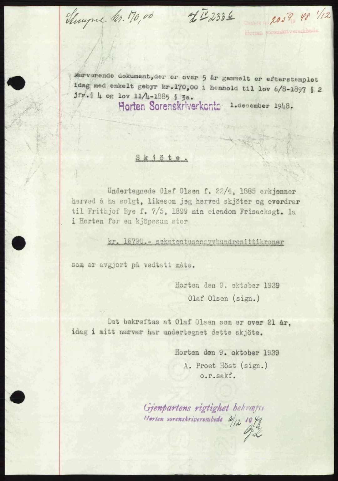 Horten sorenskriveri, AV/SAKO-A-133/G/Ga/Gaa/L0011: Mortgage book no. A-11, 1948-1948, Diary no: : 2059/1948