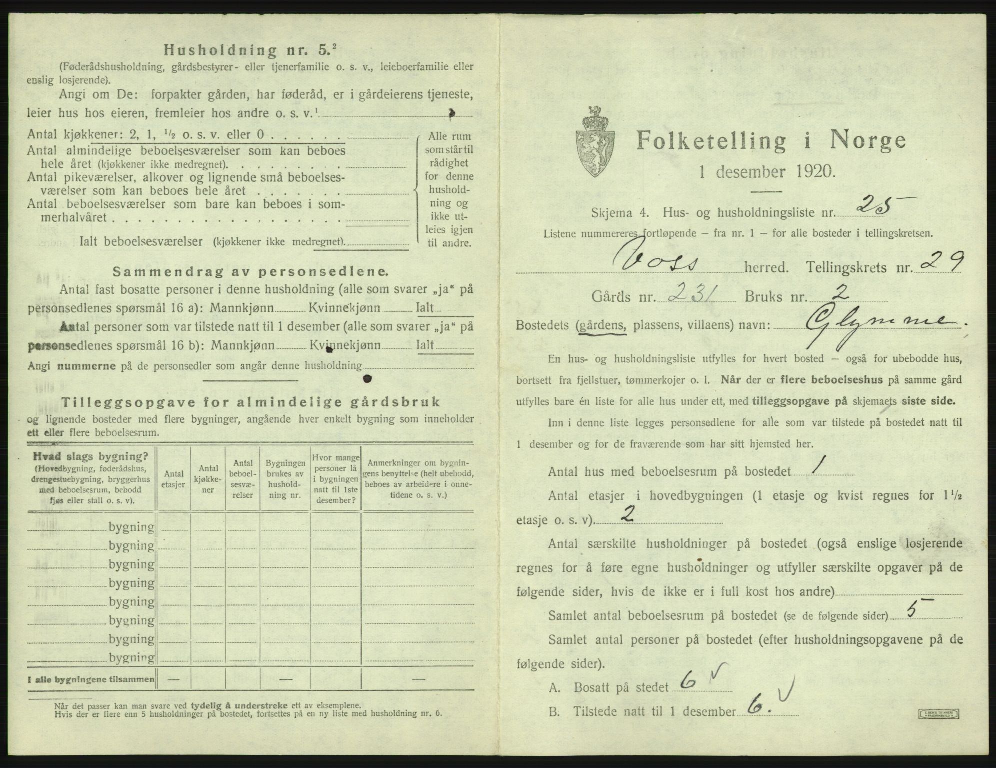 SAB, 1920 census for Voss, 1920, p. 2615