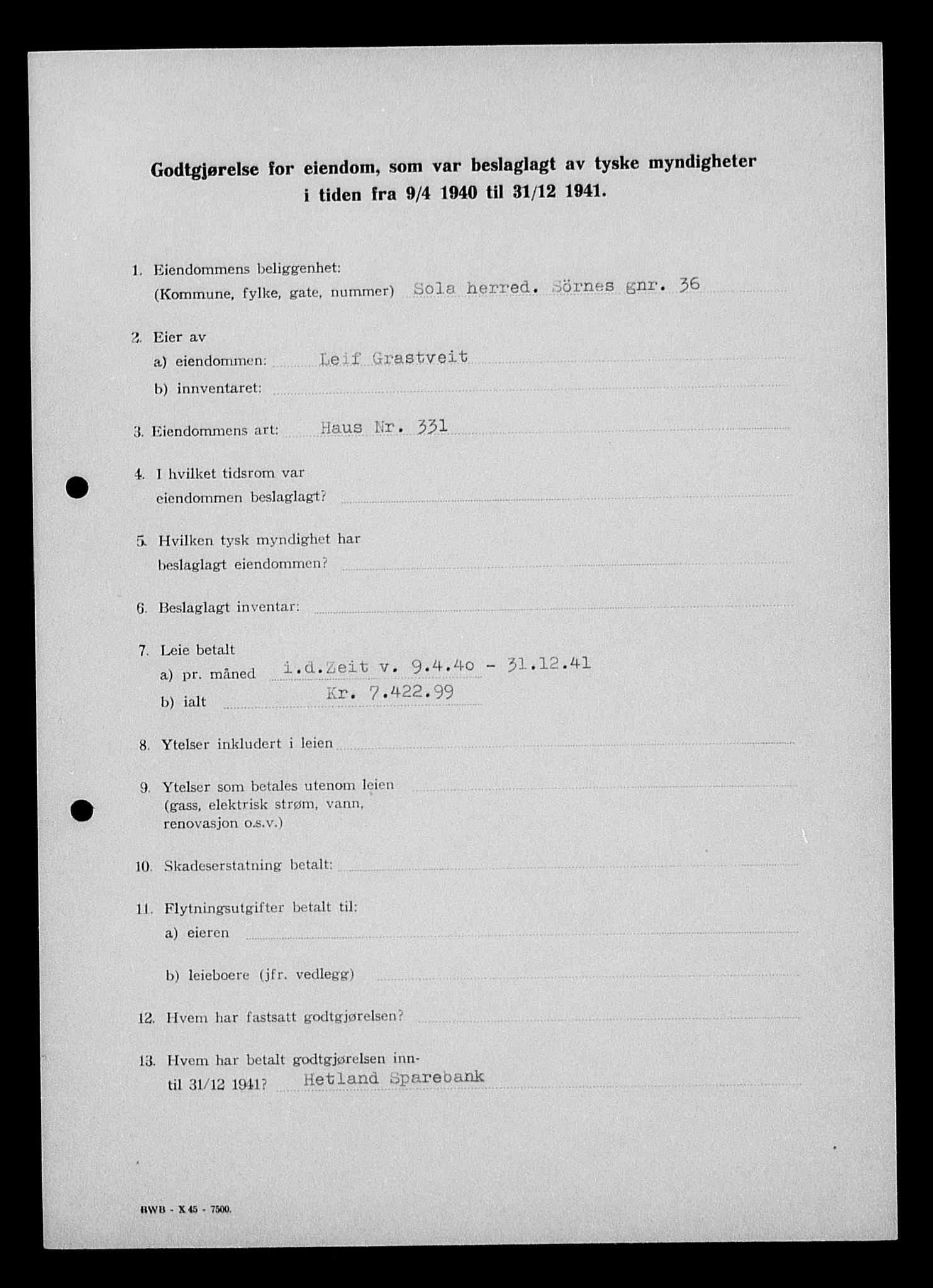 Justisdepartementet, Tilbakeføringskontoret for inndratte formuer, AV/RA-S-1564/I/L1014: Godtgjørelse for beslaglagt eiendom, 1940-1941, p. 292