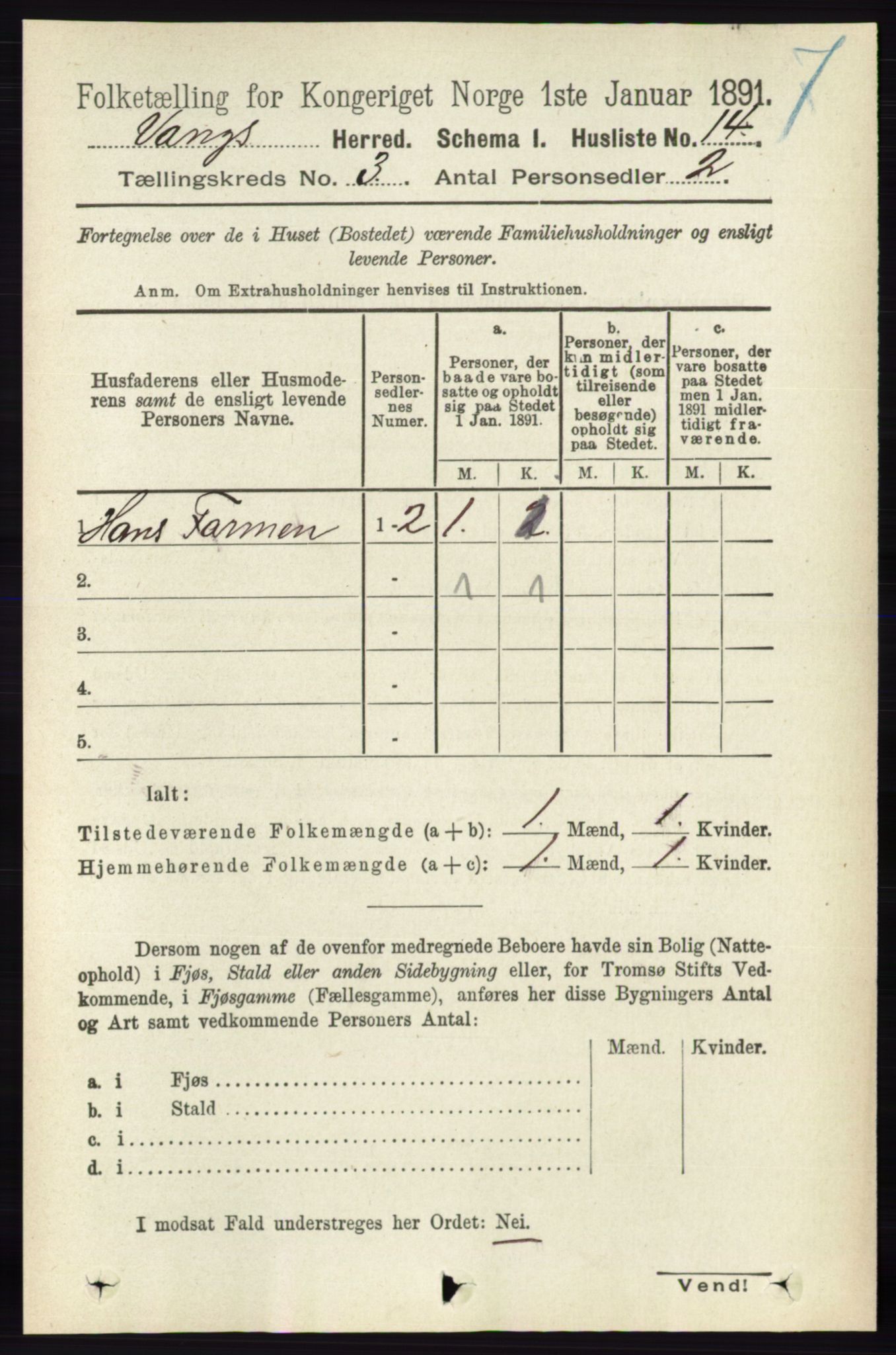 RA, 1891 census for 0414 Vang, 1891, p. 1764