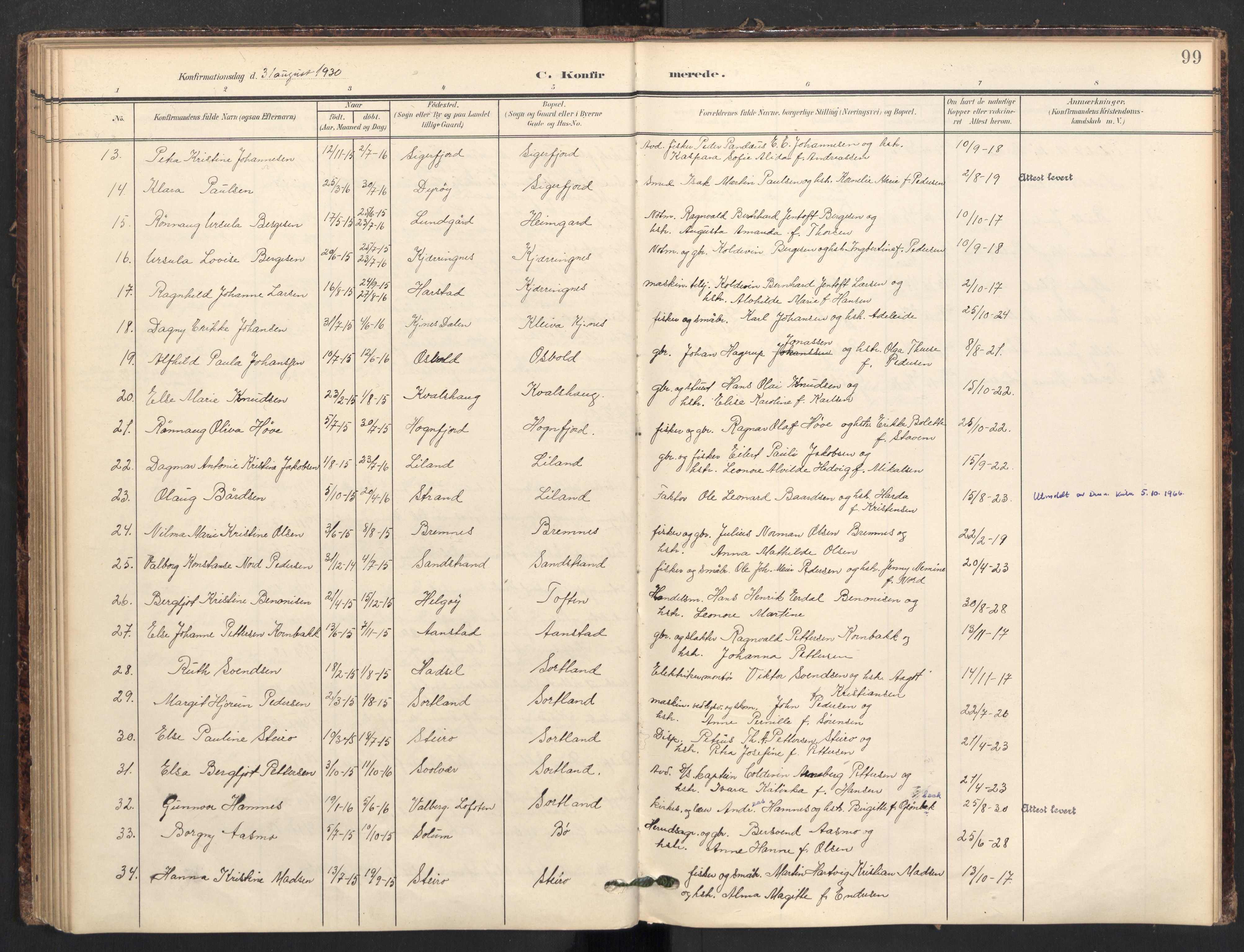Ministerialprotokoller, klokkerbøker og fødselsregistre - Nordland, SAT/A-1459/895/L1375: Parish register (official) no. 895A10, 1907-1938, p. 99
