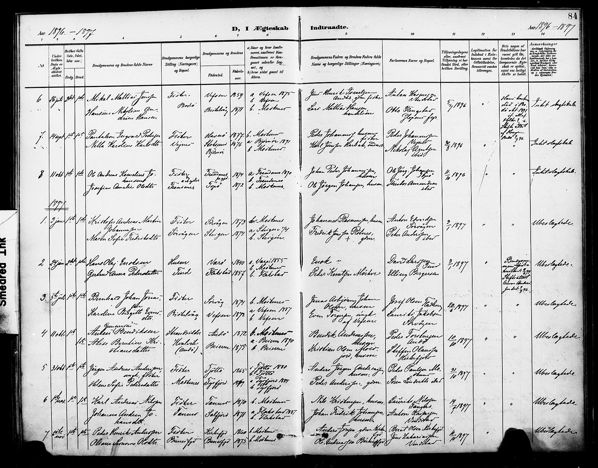 Ministerialprotokoller, klokkerbøker og fødselsregistre - Nordland, AV/SAT-A-1459/886/L1220: Parish register (official) no. 886A02, 1892-1903, p. 84