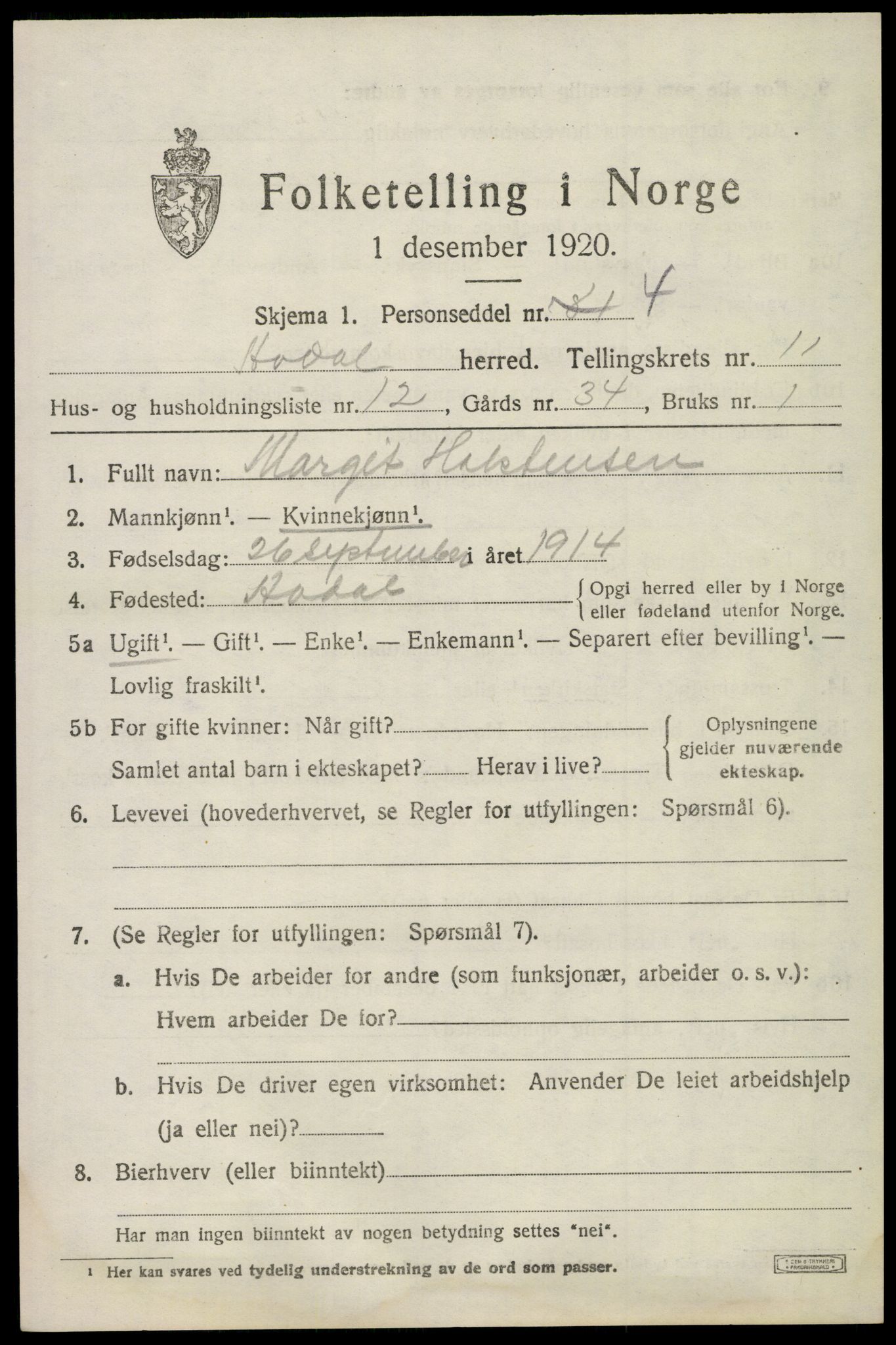 SAKO, 1920 census for Ådal, 1920, p. 6768