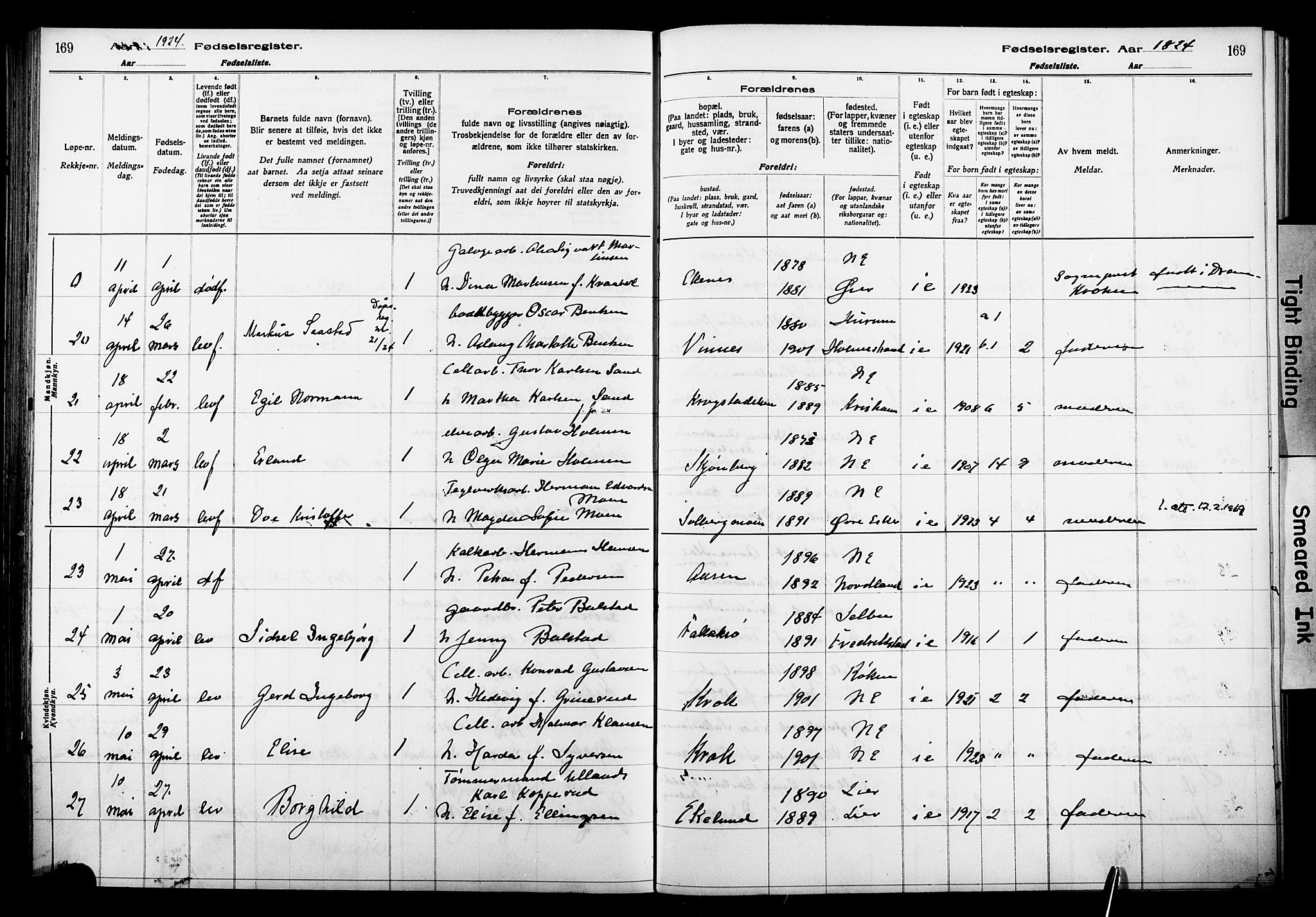 Nedre Eiker kirkebøker, AV/SAKO-A-612/J/Ja/L0001: Birth register no. 1, 1916-1925, p. 169