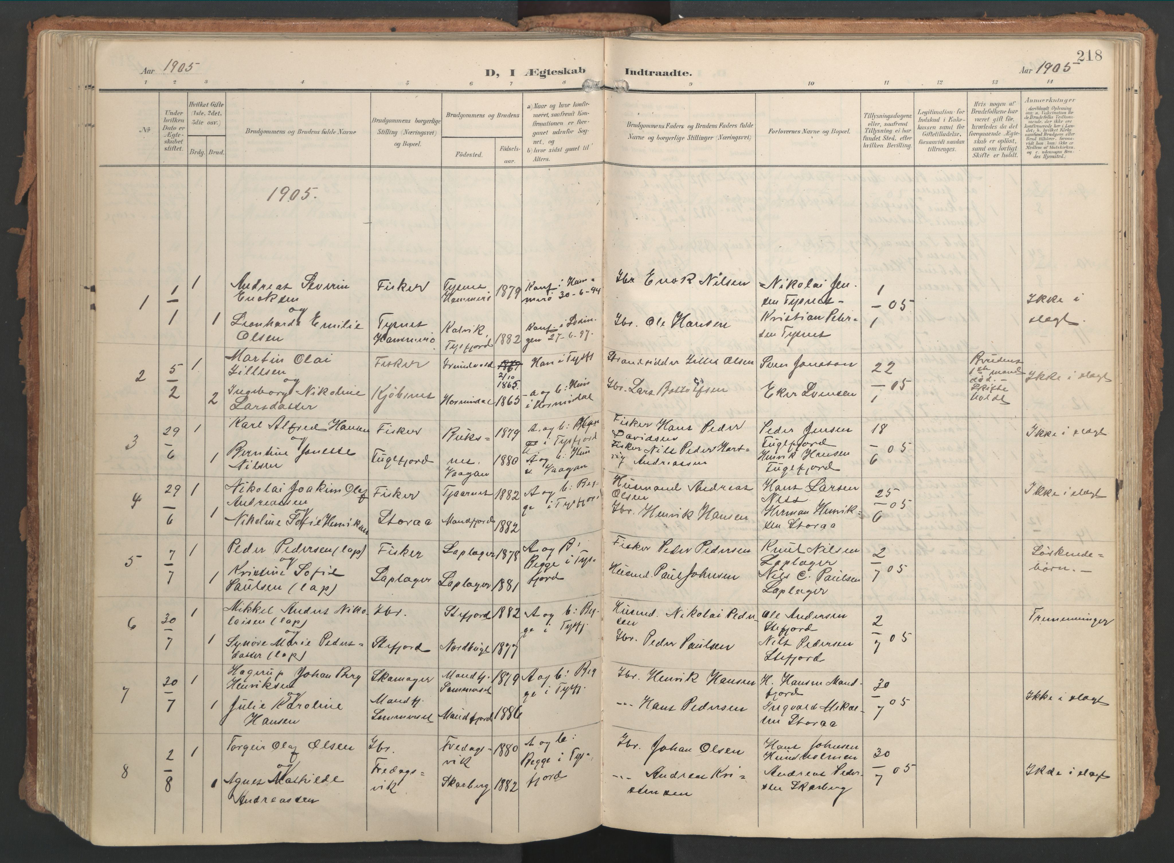 Ministerialprotokoller, klokkerbøker og fødselsregistre - Nordland, AV/SAT-A-1459/861/L0871: Parish register (official) no. 861A06, 1903-1916, p. 218