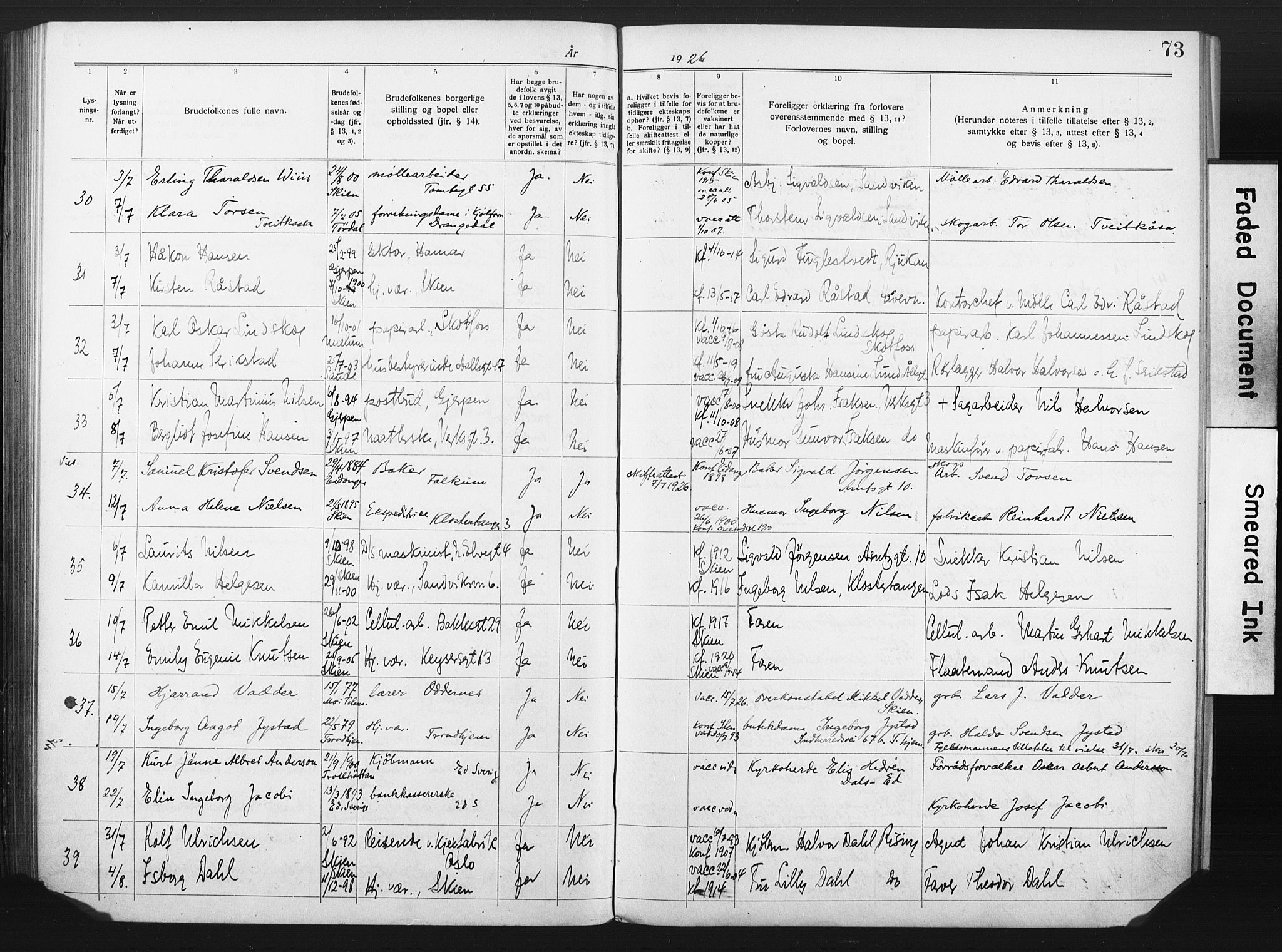 Skien kirkebøker, SAKO/A-302/H/Ha/L0001: Banns register no. 1, 1919-1929, p. 73