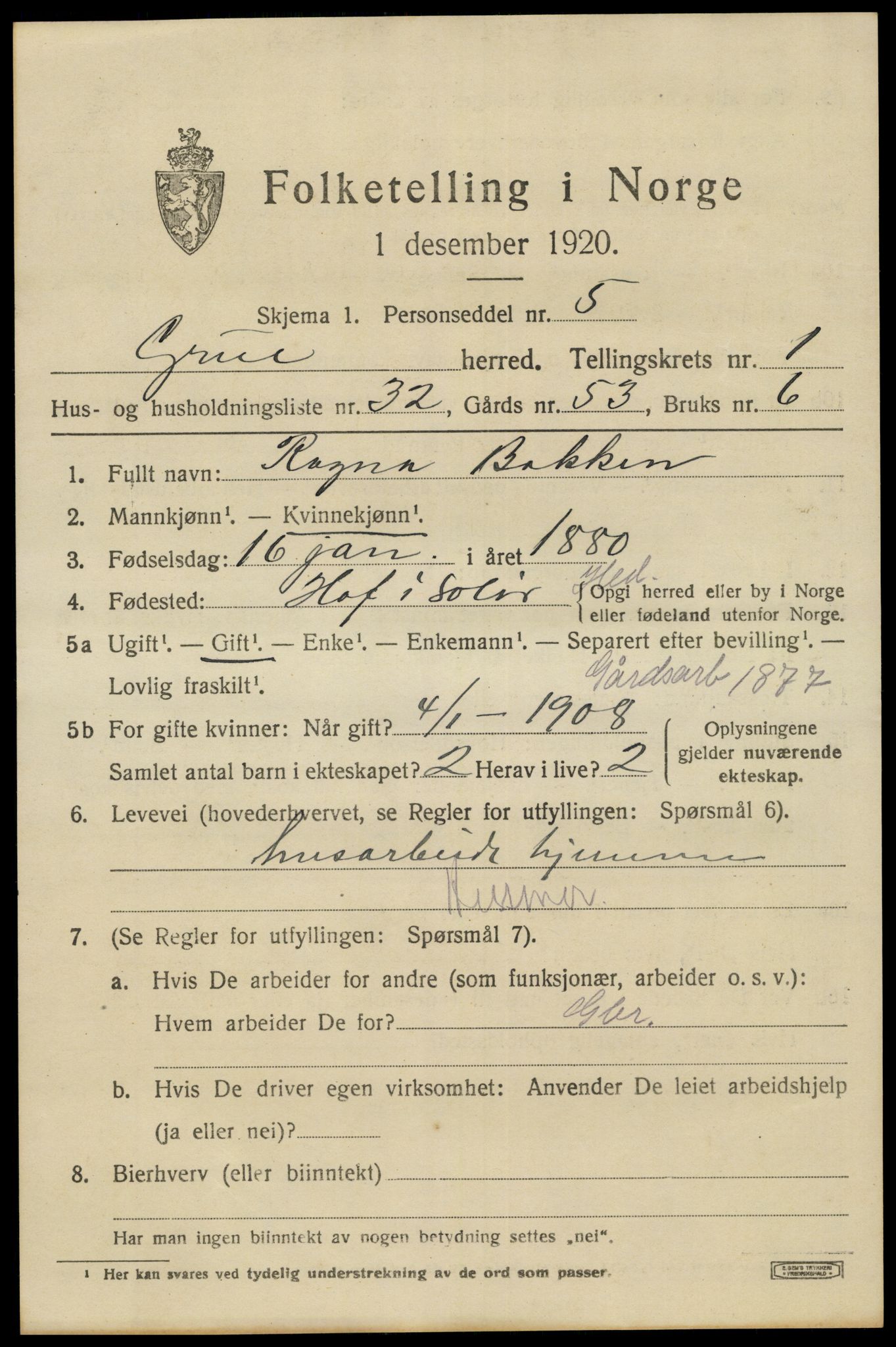SAH, 1920 census for Grue, 1920, p. 2839
