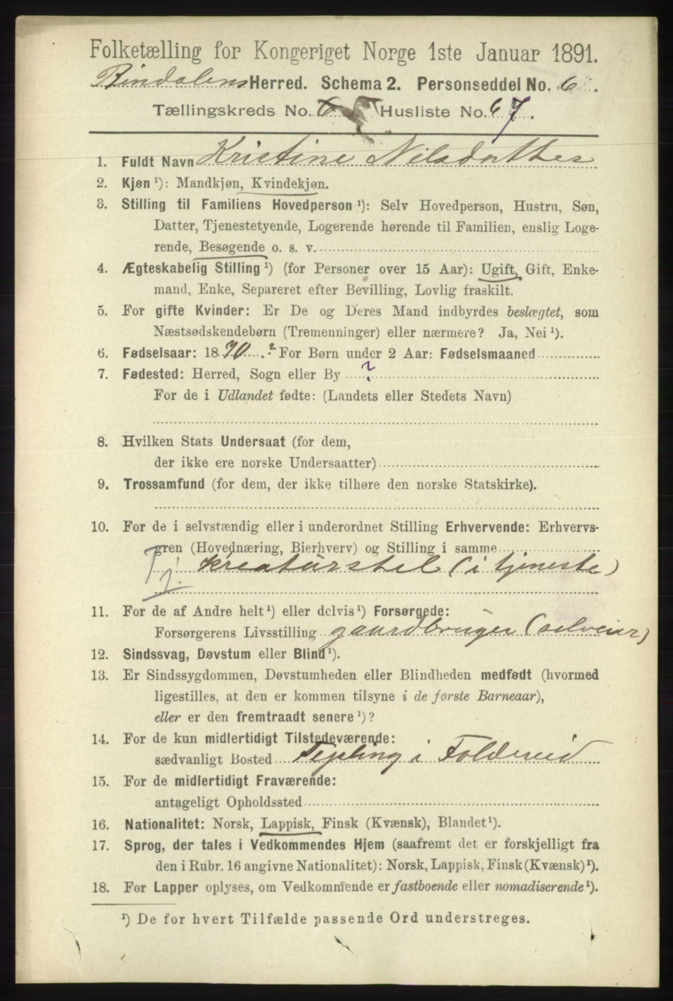 RA, 1891 census for 1811 Bindal, 1891, p. 1635