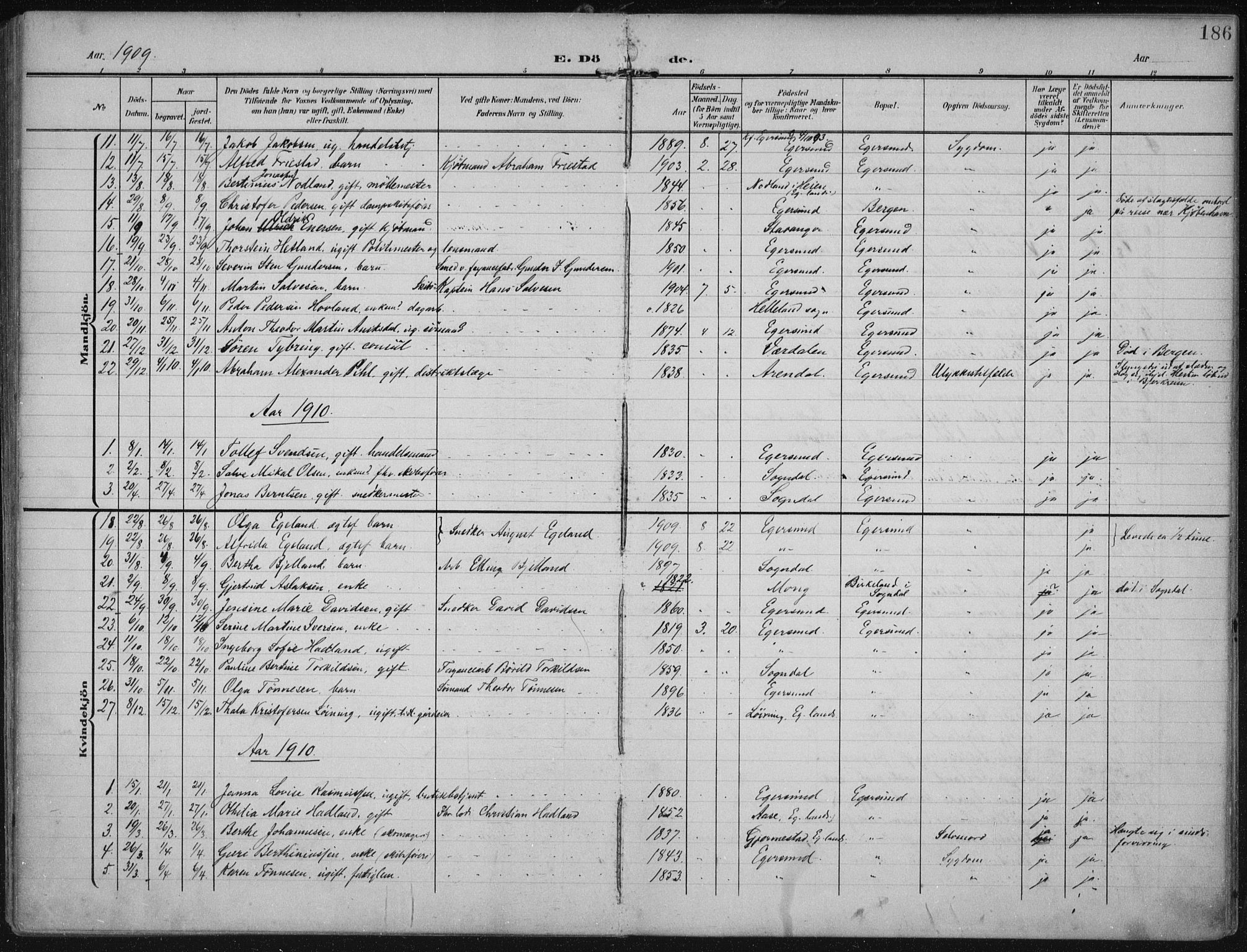 Eigersund sokneprestkontor, SAST/A-101807/S08/L0022: Parish register (official) no. A 21, 1905-1928, p. 186