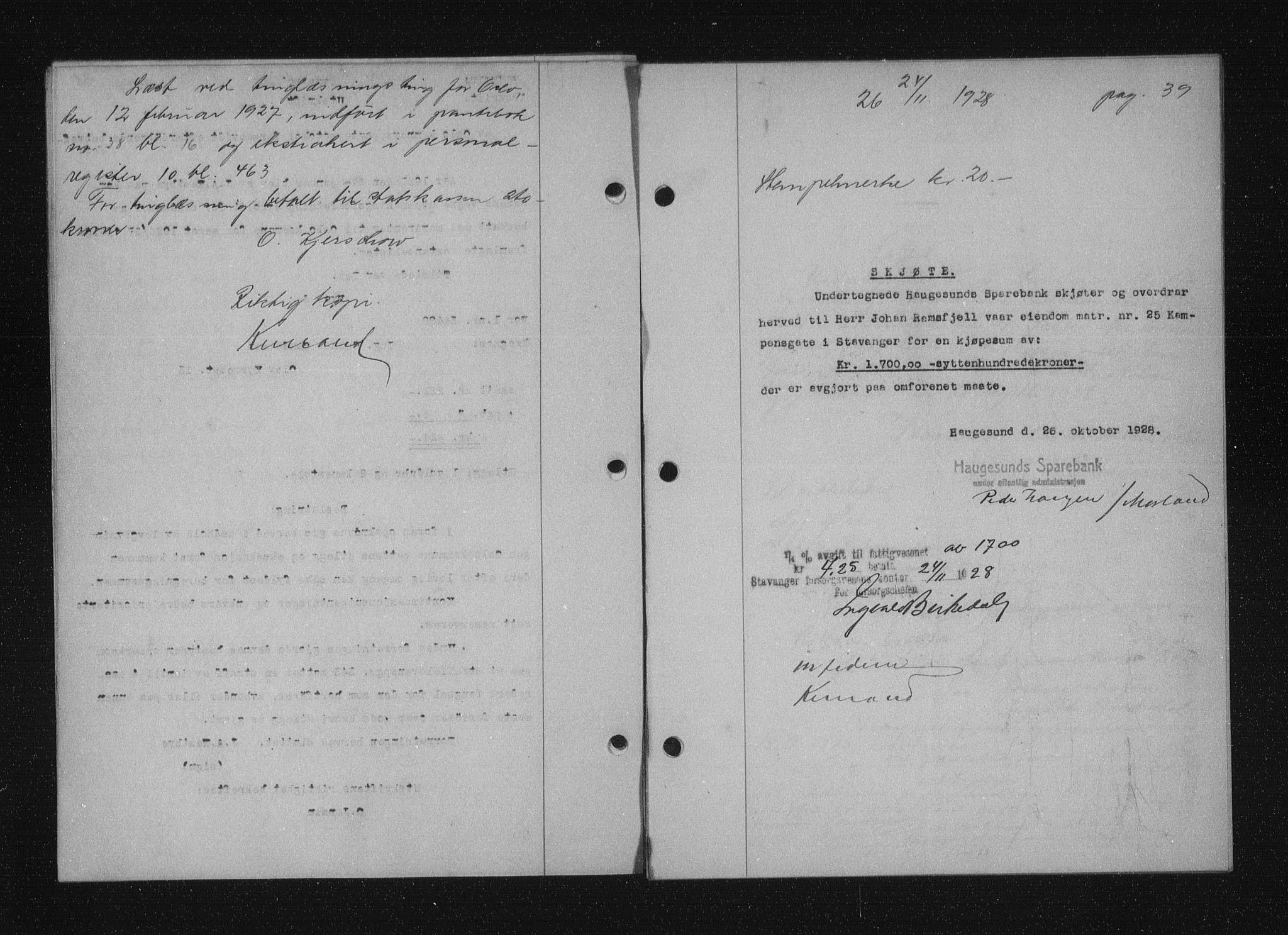 Stavanger byfogd, AV/SAST-A-101408/001/4/41/410/410BB/L0055: Mortgage book no. 43, 1928-1929, Deed date: 24.11.1928