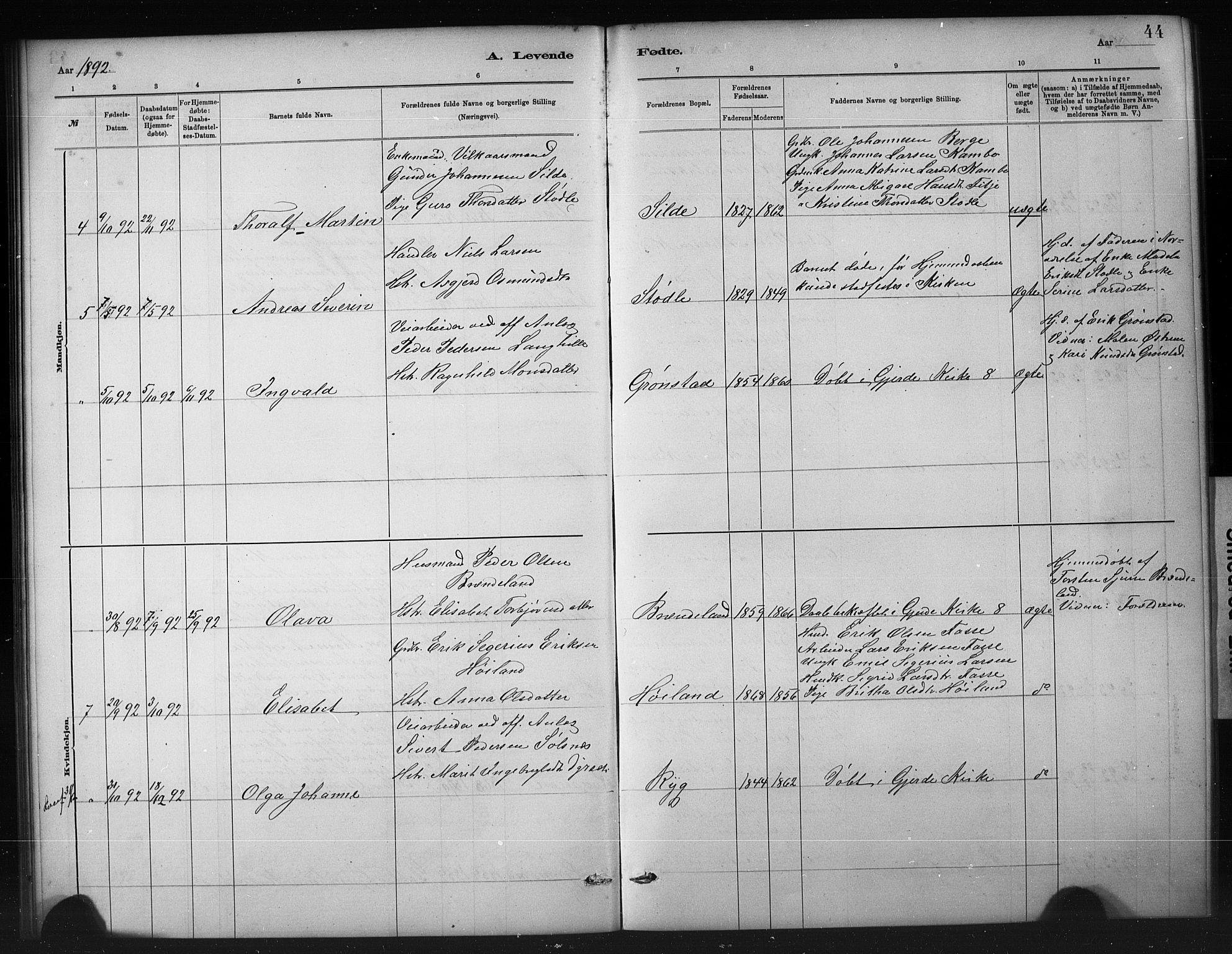 Etne sokneprestembete, SAB/A-75001/H/Hab: Parish register (copy) no. A 5, 1879-1896, p. 44