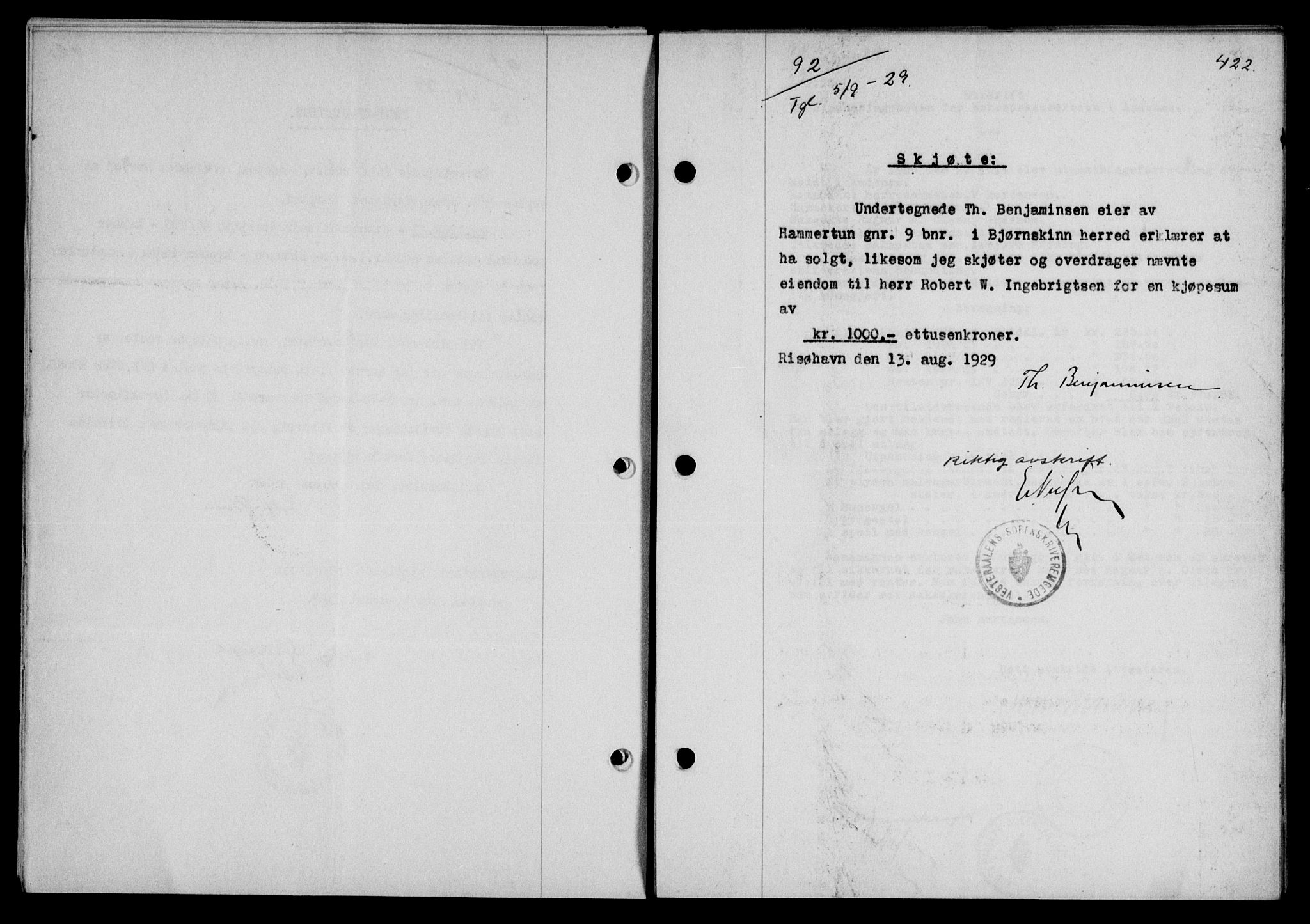 Vesterålen sorenskriveri, AV/SAT-A-4180/1/2/2Ca/L0049: Mortgage book no. 42, 1929-1929, Deed date: 05.09.1929