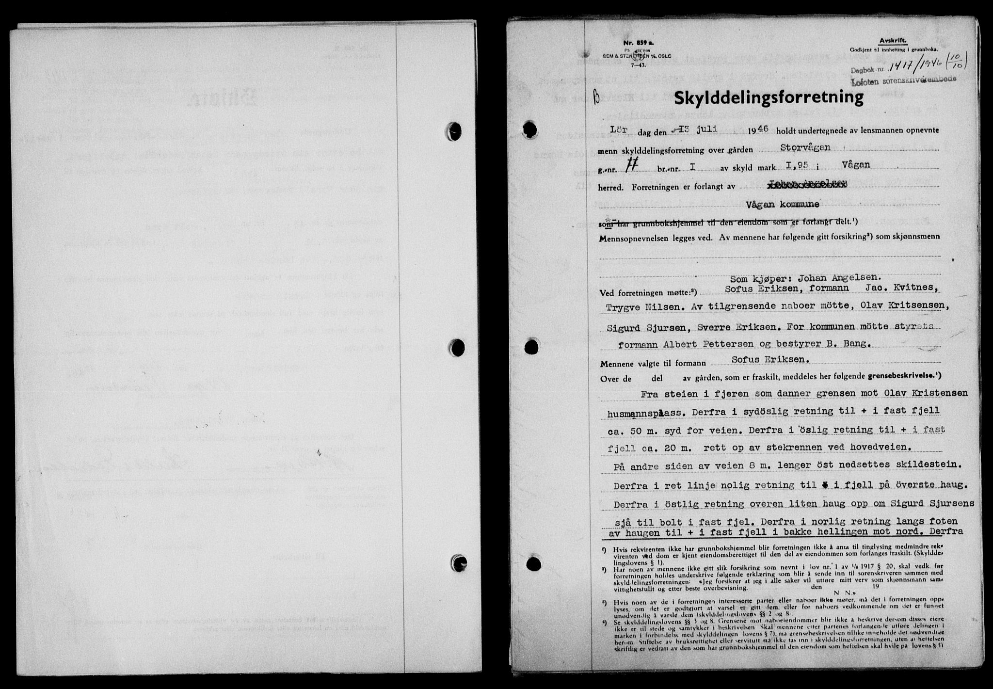 Lofoten sorenskriveri, SAT/A-0017/1/2/2C/L0014a: Mortgage book no. 14a, 1946-1946, Diary no: : 1417/1946