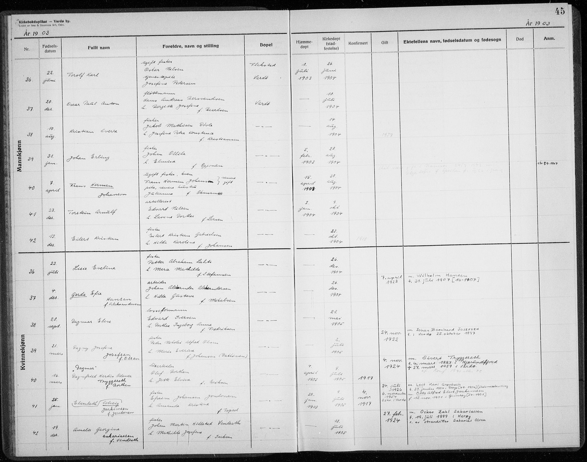 Vardø sokneprestkontor, AV/SATØ-S-1332/H/Hc/L0001kirkerekon: Other parish register no. 1, 1900-1914, p. 45