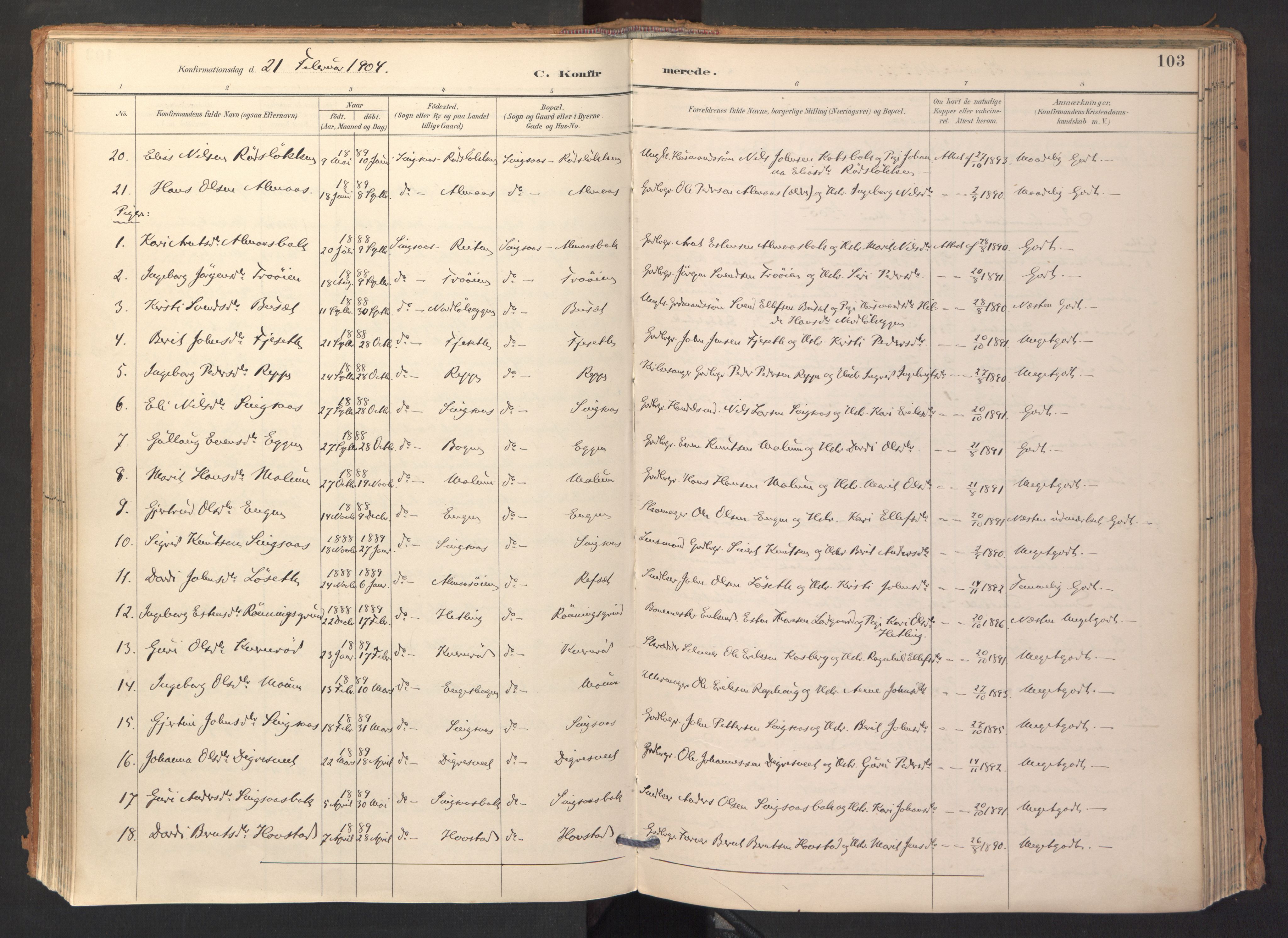 Ministerialprotokoller, klokkerbøker og fødselsregistre - Sør-Trøndelag, SAT/A-1456/688/L1025: Parish register (official) no. 688A02, 1891-1909, p. 103