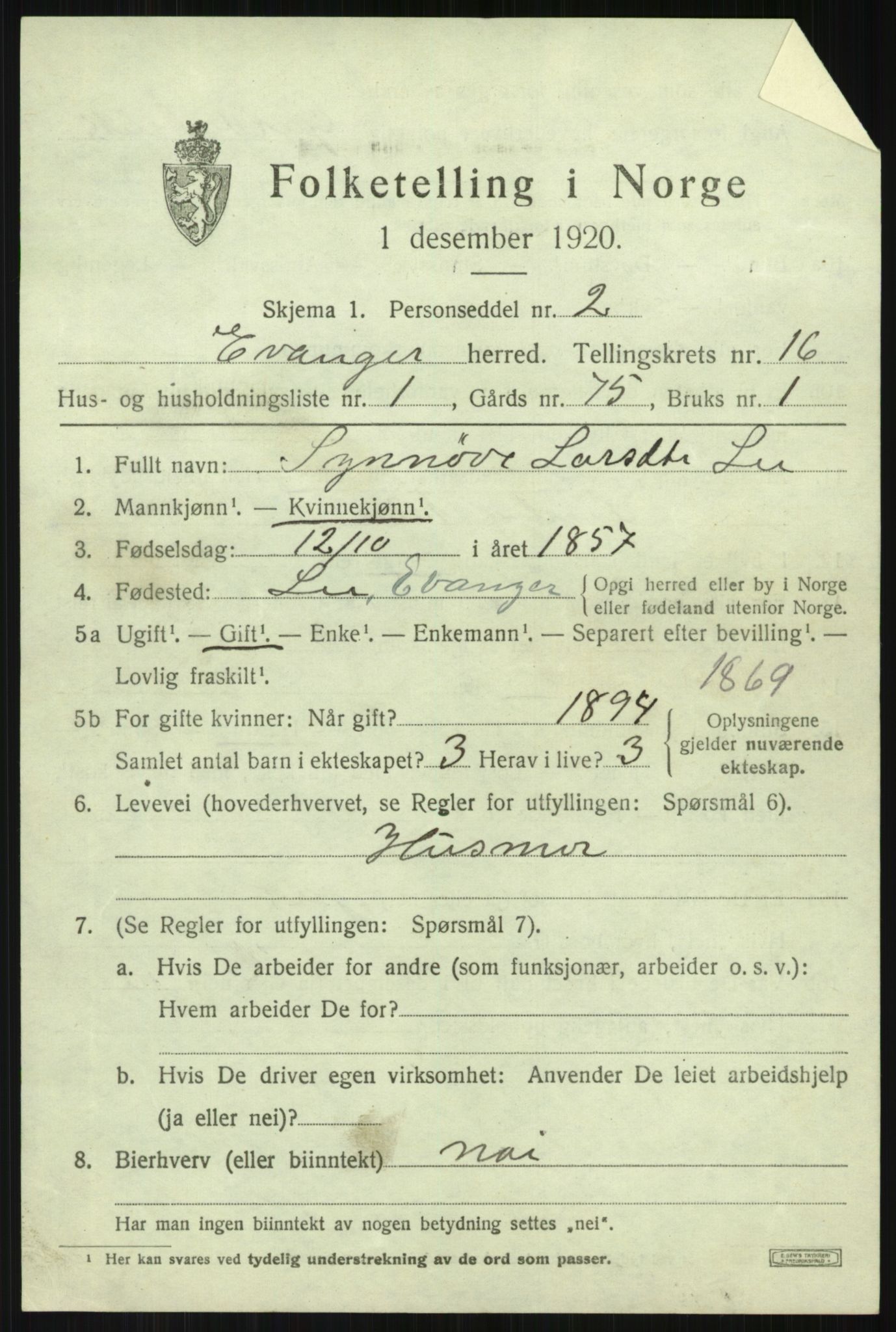 SAB, 1920 census for Evanger, 1920, p. 4253
