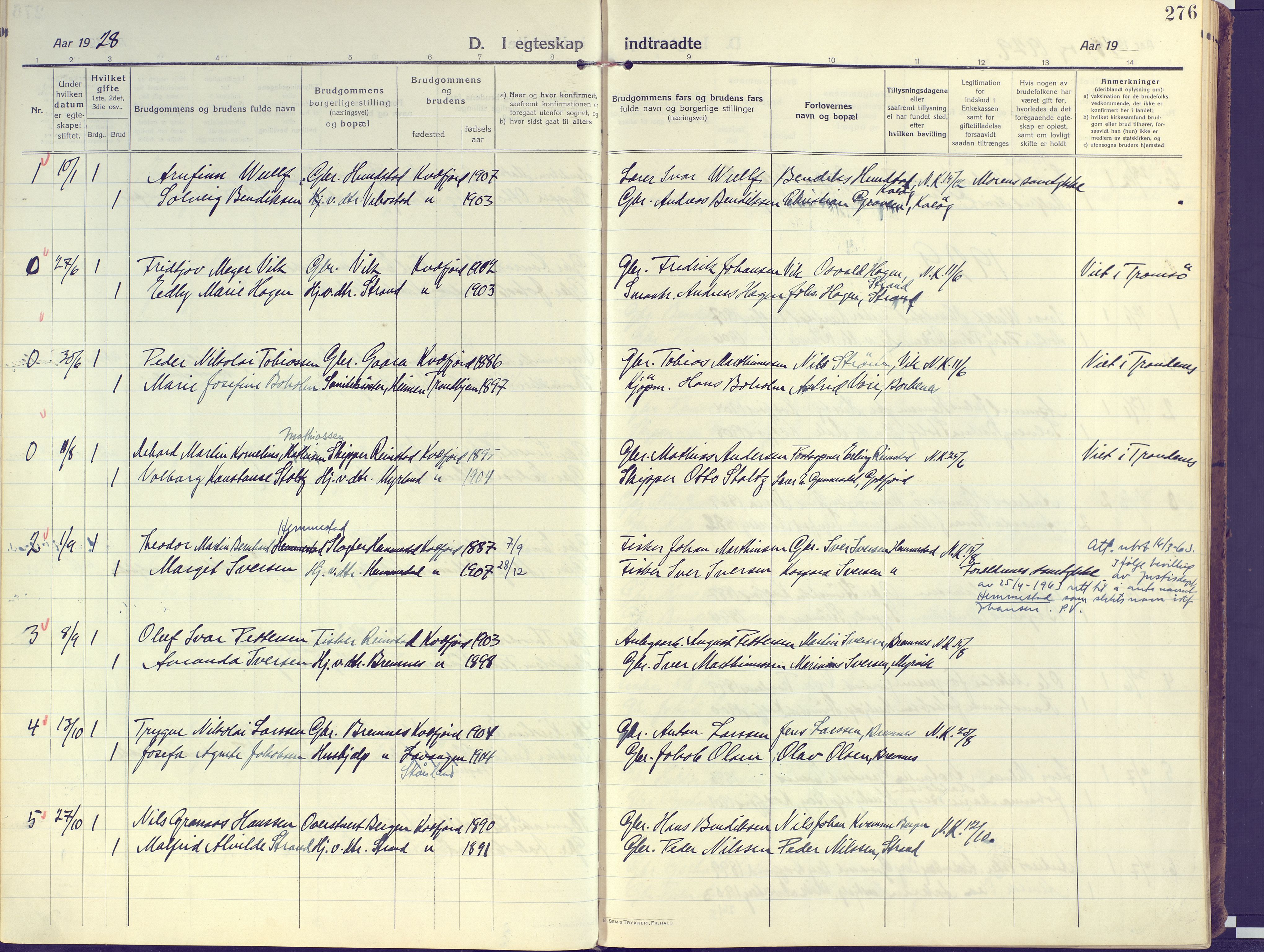 Kvæfjord sokneprestkontor, AV/SATØ-S-1323/G/Ga/Gaa/L0007kirke: Parish register (official) no. 7, 1915-1931, p. 276