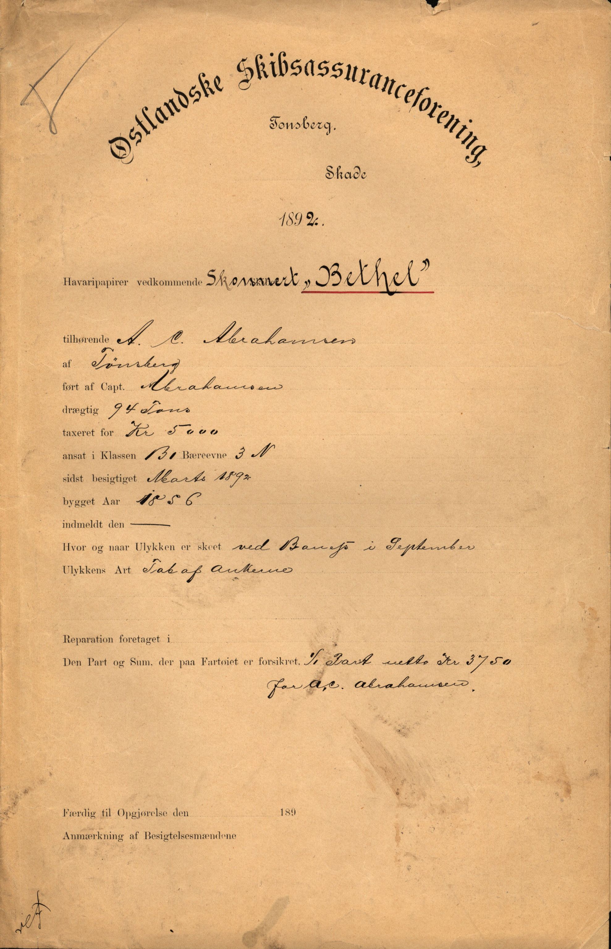 Pa 63 - Østlandske skibsassuranceforening, VEMU/A-1079/G/Ga/L0028/0002: Havaridokumenter / Marie, Favorit, Tabor, Sylphiden, Berthel, America, 1892, p. 84
