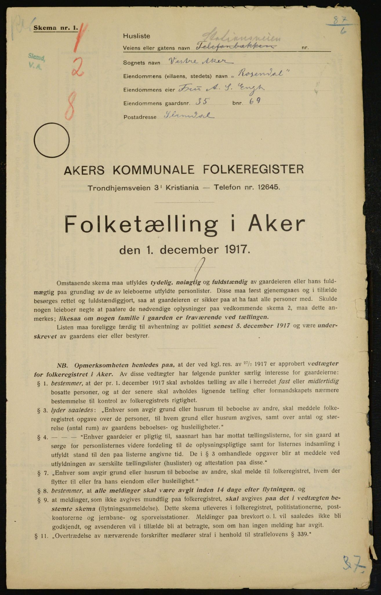 OBA, Municipal Census 1917 for Aker, 1917, p. 7312