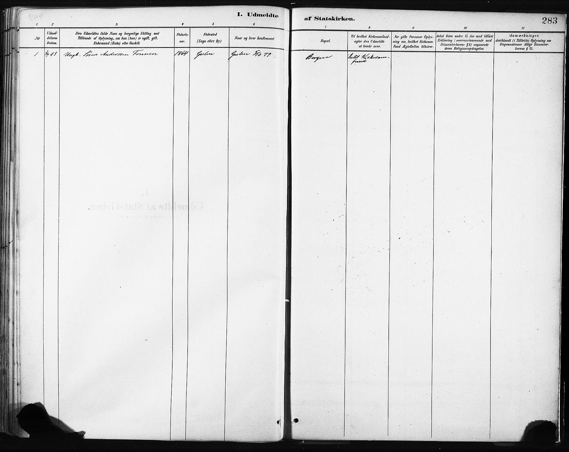 Gulen sokneprestembete, AV/SAB-A-80201/H/Haa/Haab/L0001: Parish register (official) no. B 1, 1881-1905, p. 283