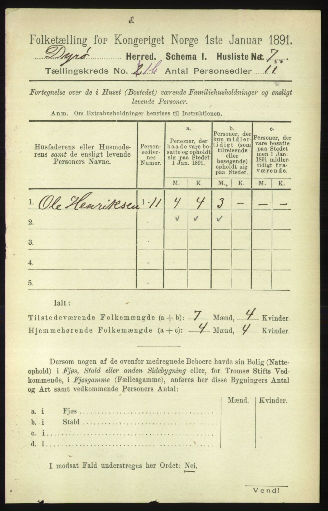 RA, 1891 census for 1926 Dyrøy, 1891, p. 414