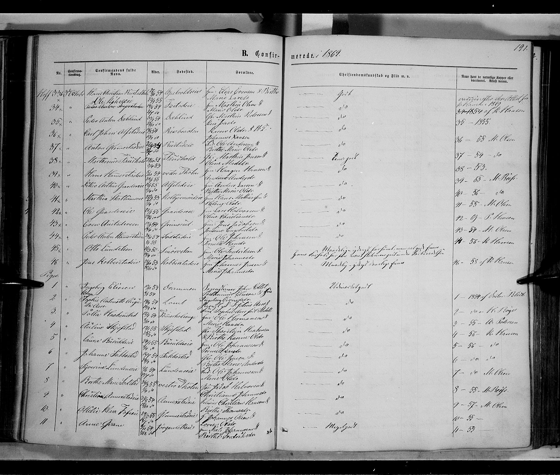 Østre Toten prestekontor, AV/SAH-PREST-104/H/Ha/Haa/L0005: Parish register (official) no. 5, 1866-1877, p. 191