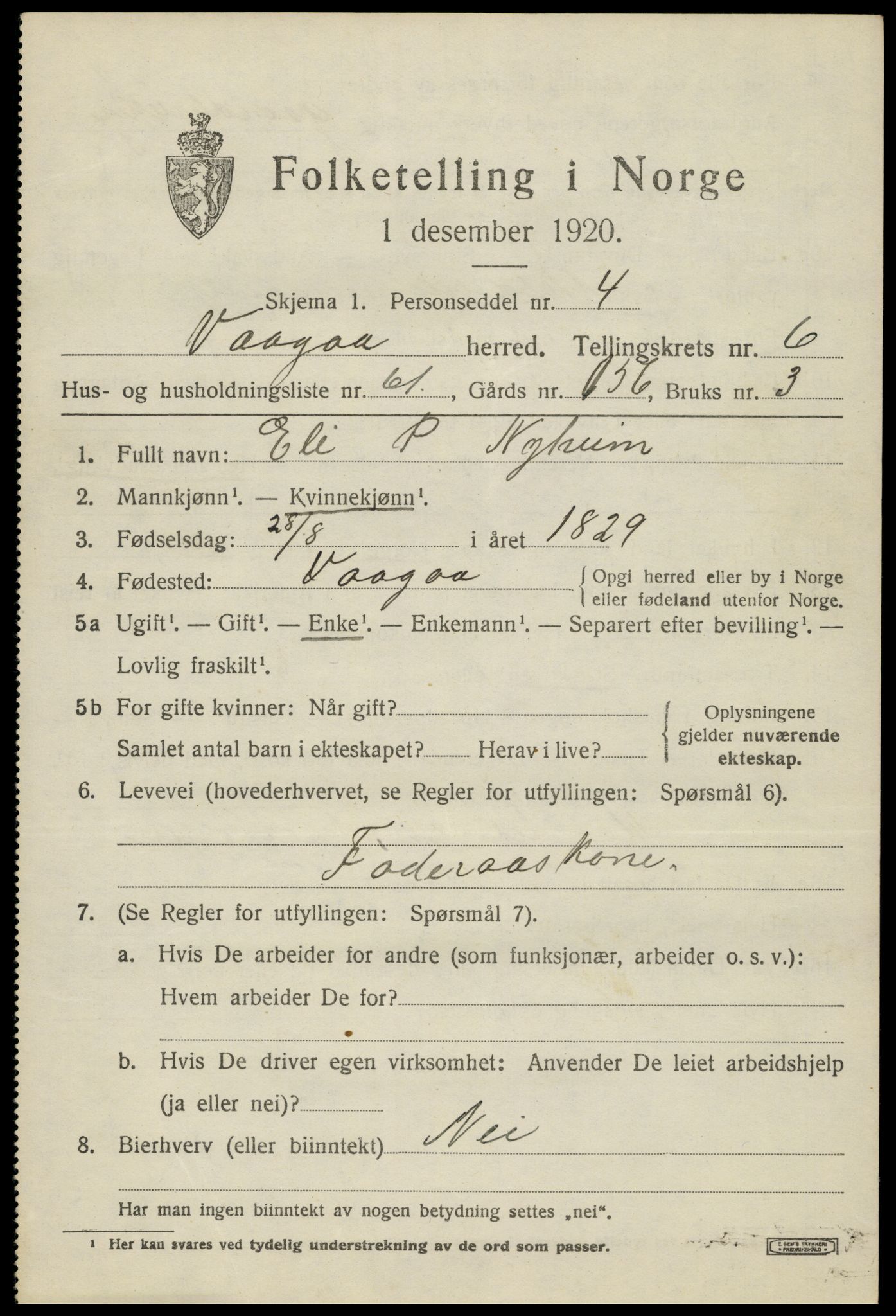 SAH, 1920 census for Vågå, 1920, p. 5292