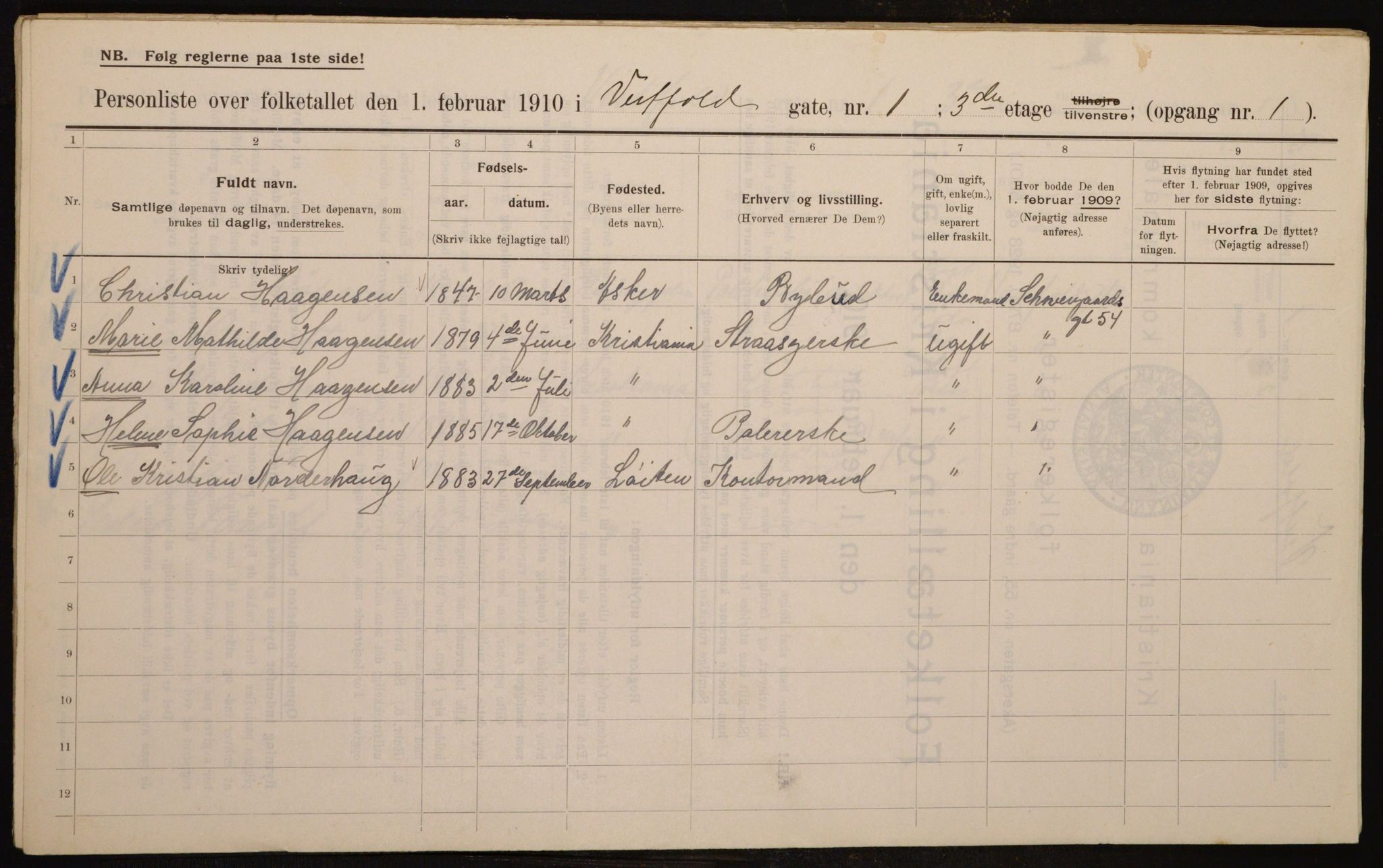 OBA, Municipal Census 1910 for Kristiania, 1910, p. 116007