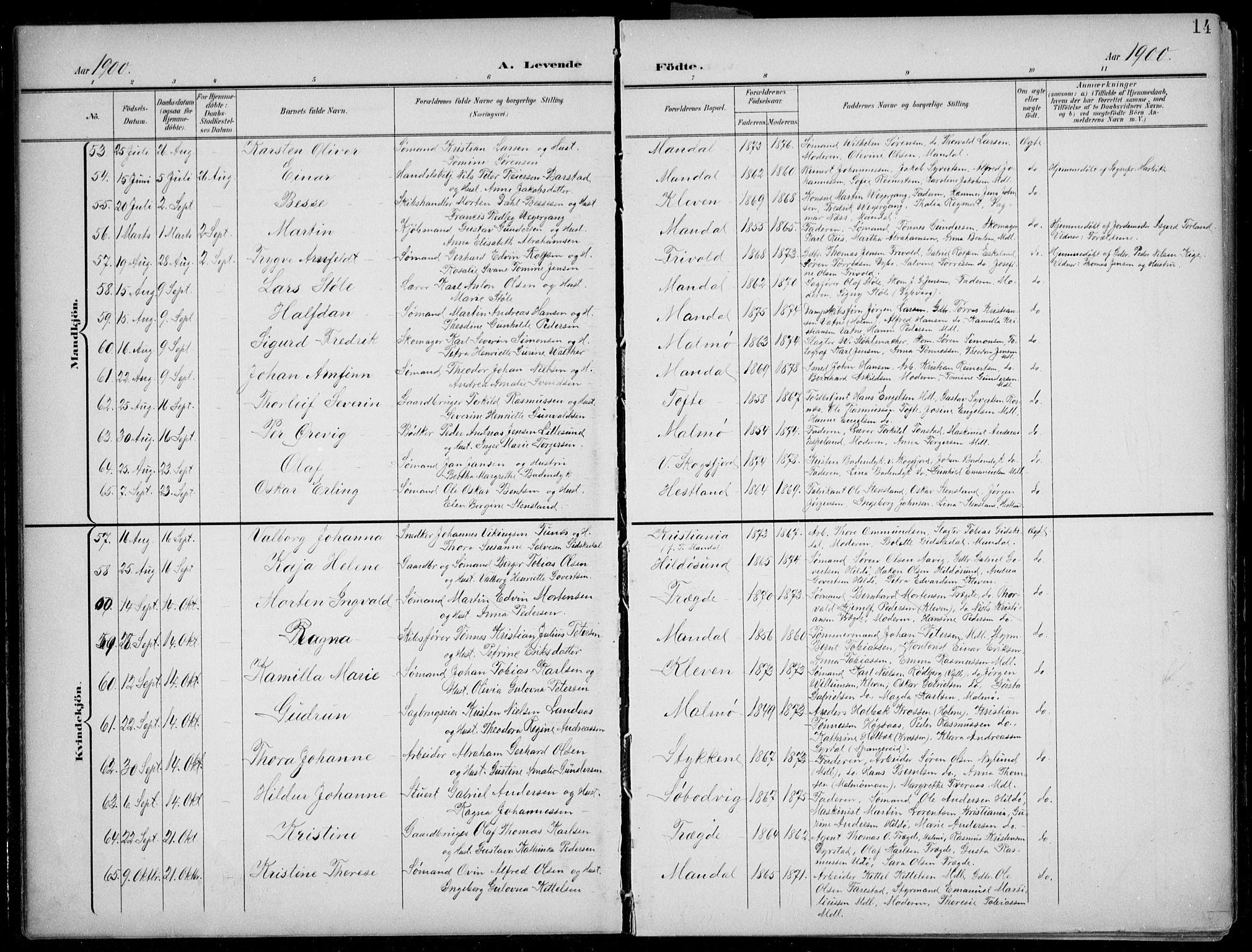 Mandal sokneprestkontor, AV/SAK-1111-0030/F/Fb/Fba/L0012: Parish register (copy) no. B 6, 1899-1918, p. 14