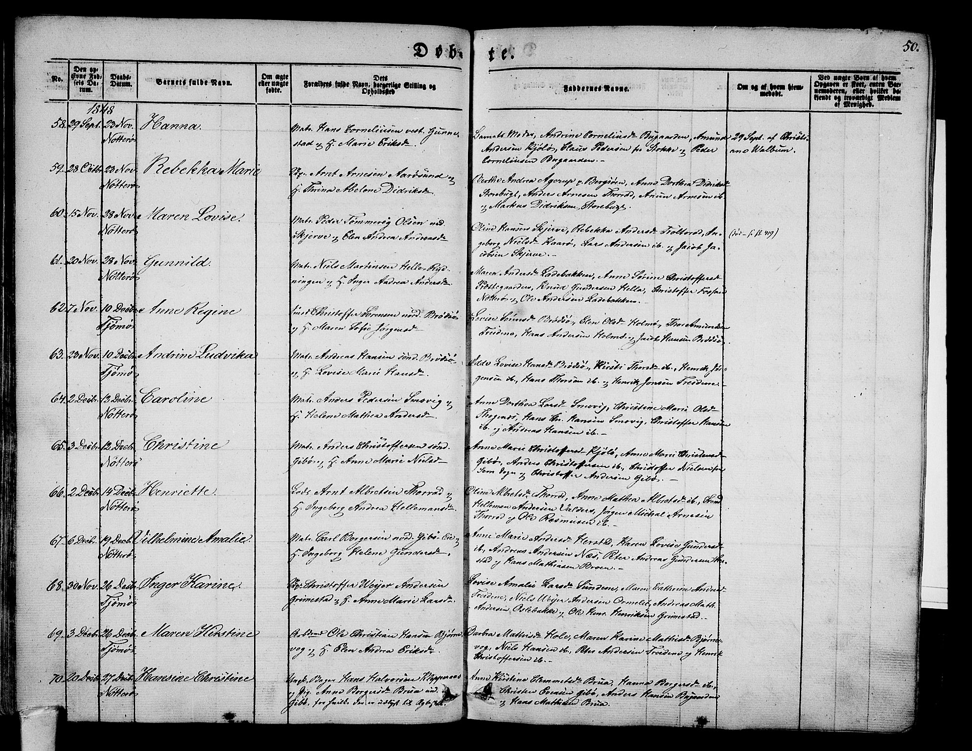 Nøtterøy kirkebøker, AV/SAKO-A-354/G/Ga/L0001: Parish register (copy) no. I 1, 1844-1859, p. 50