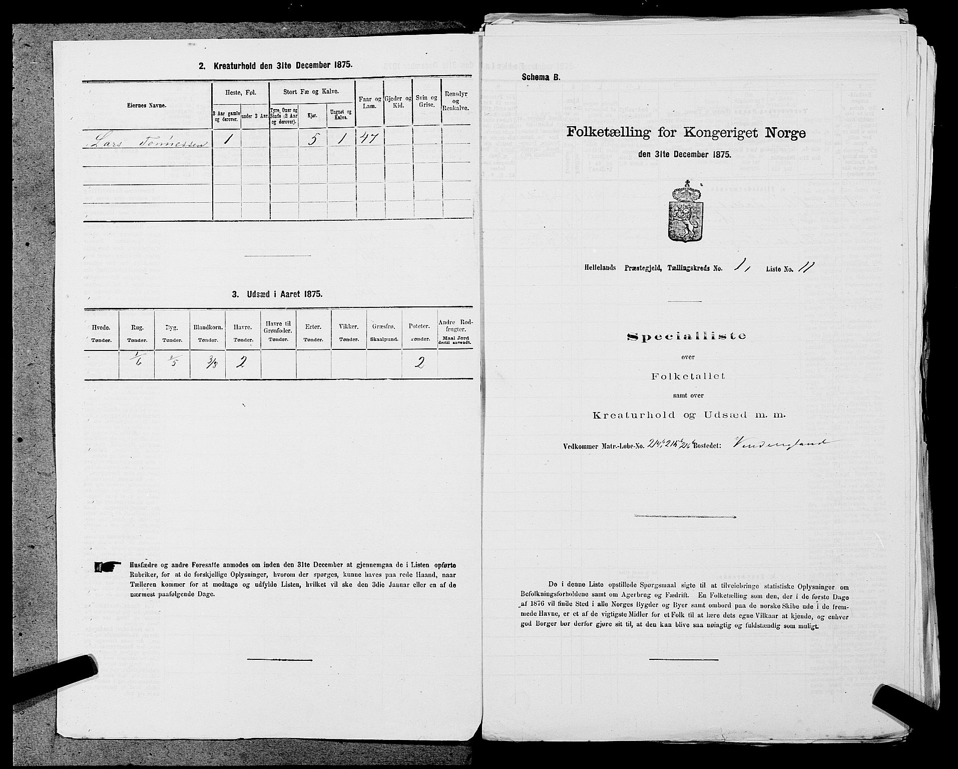 SAST, 1875 census for 1115P Helleland, 1875, p. 530