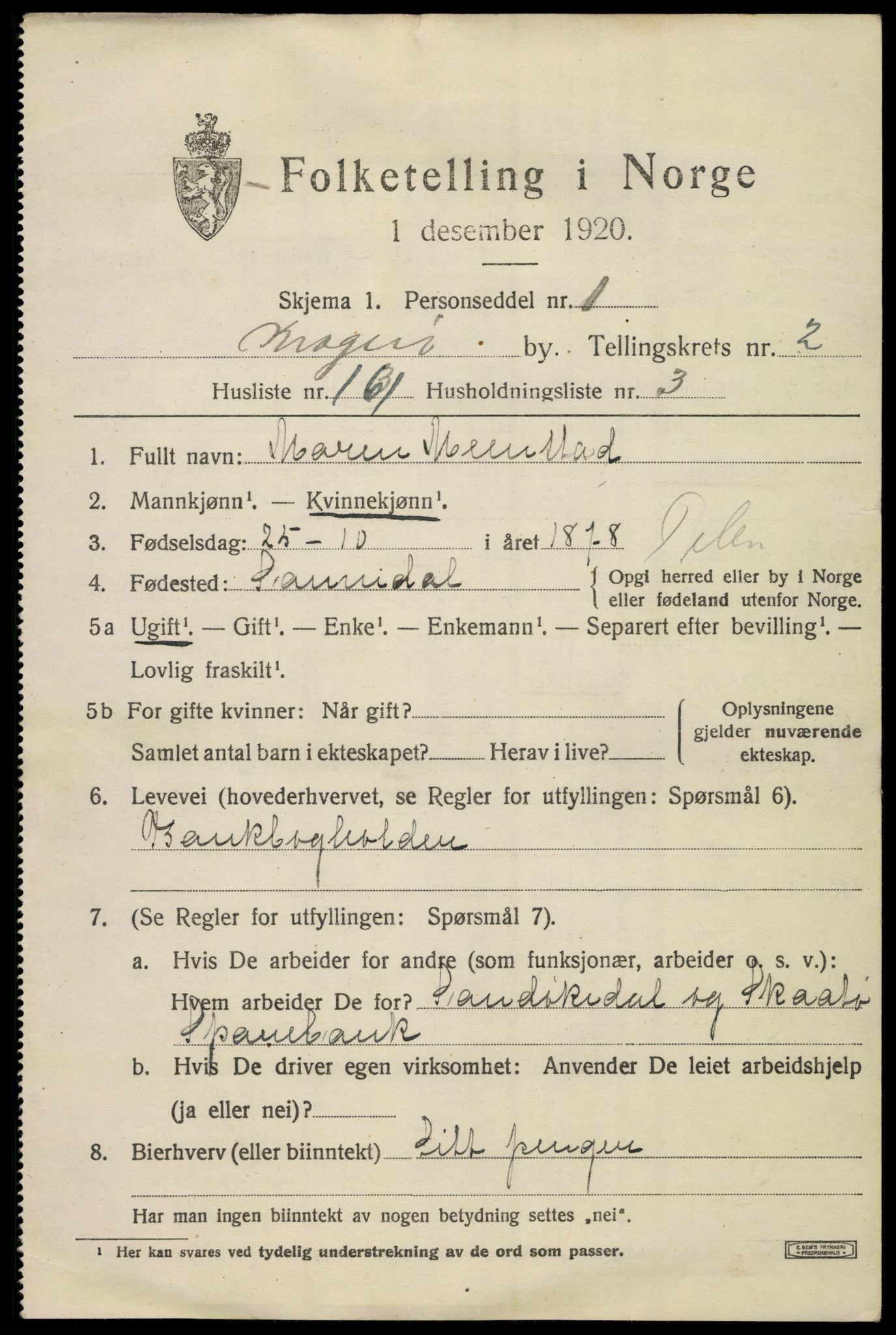 SAKO, 1920 census for Kragerø, 1920, p. 7127