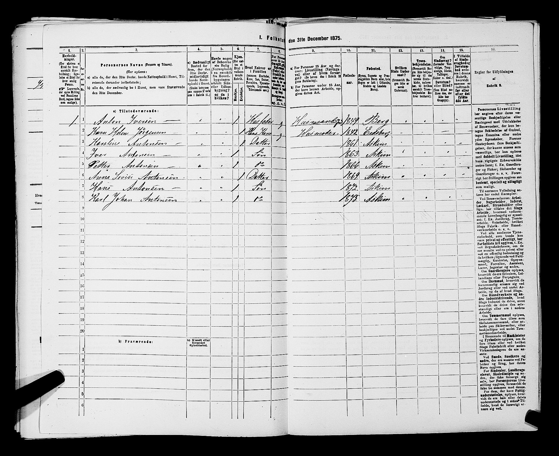 RA, 1875 census for 0124P Askim, 1875, p. 613