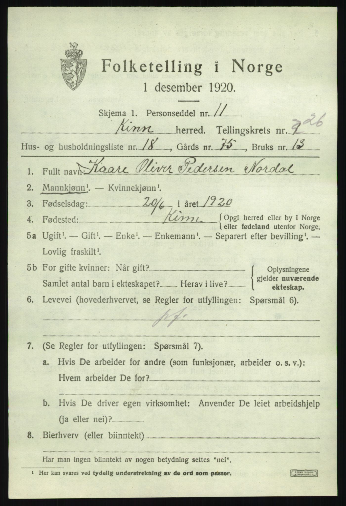 SAB, 1920 census for Kinn, 1920, p. 9141