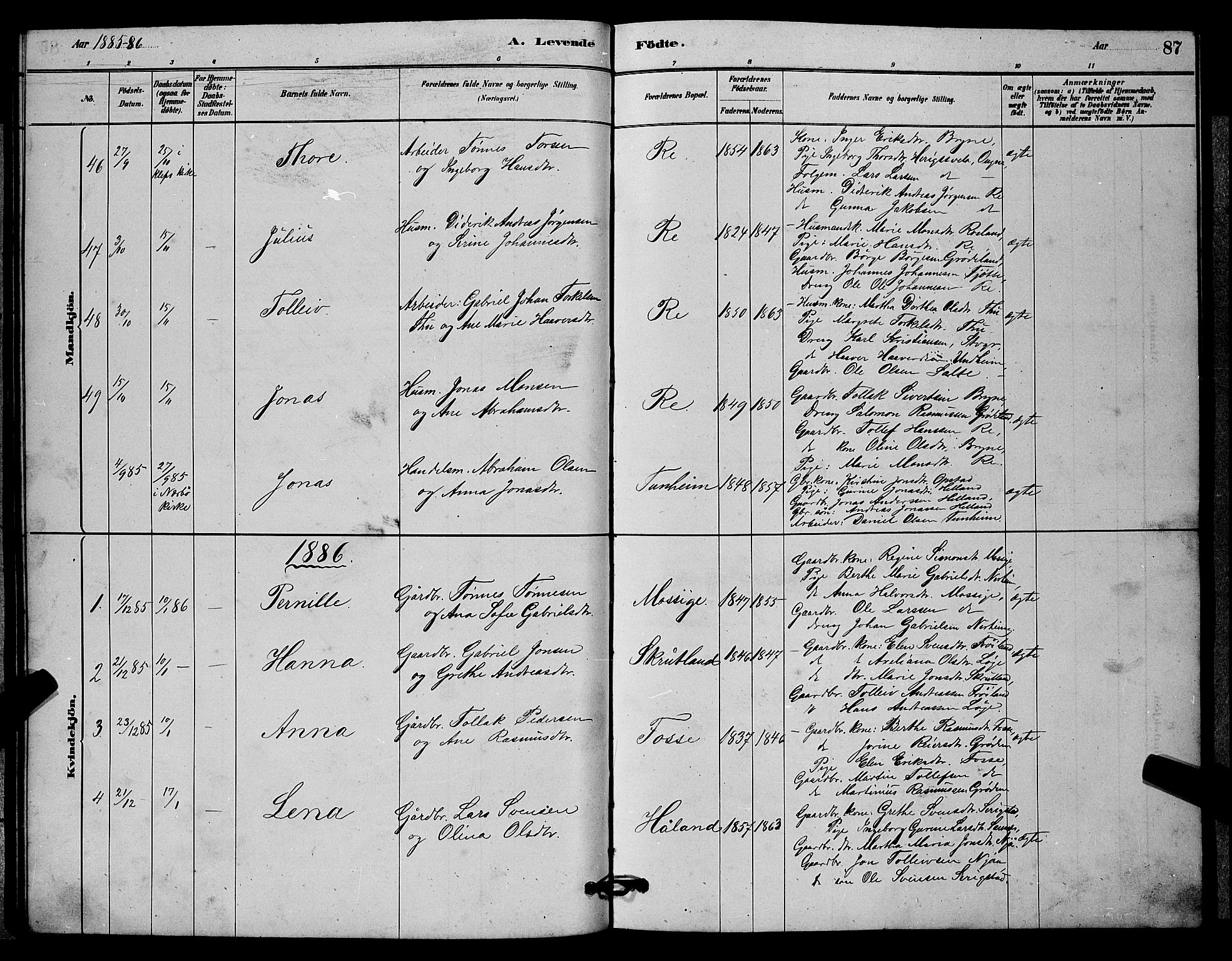 Lye sokneprestkontor, SAST/A-101794/001/30BB/L0006: Parish register (copy) no. B 6, 1879-1888, p. 87