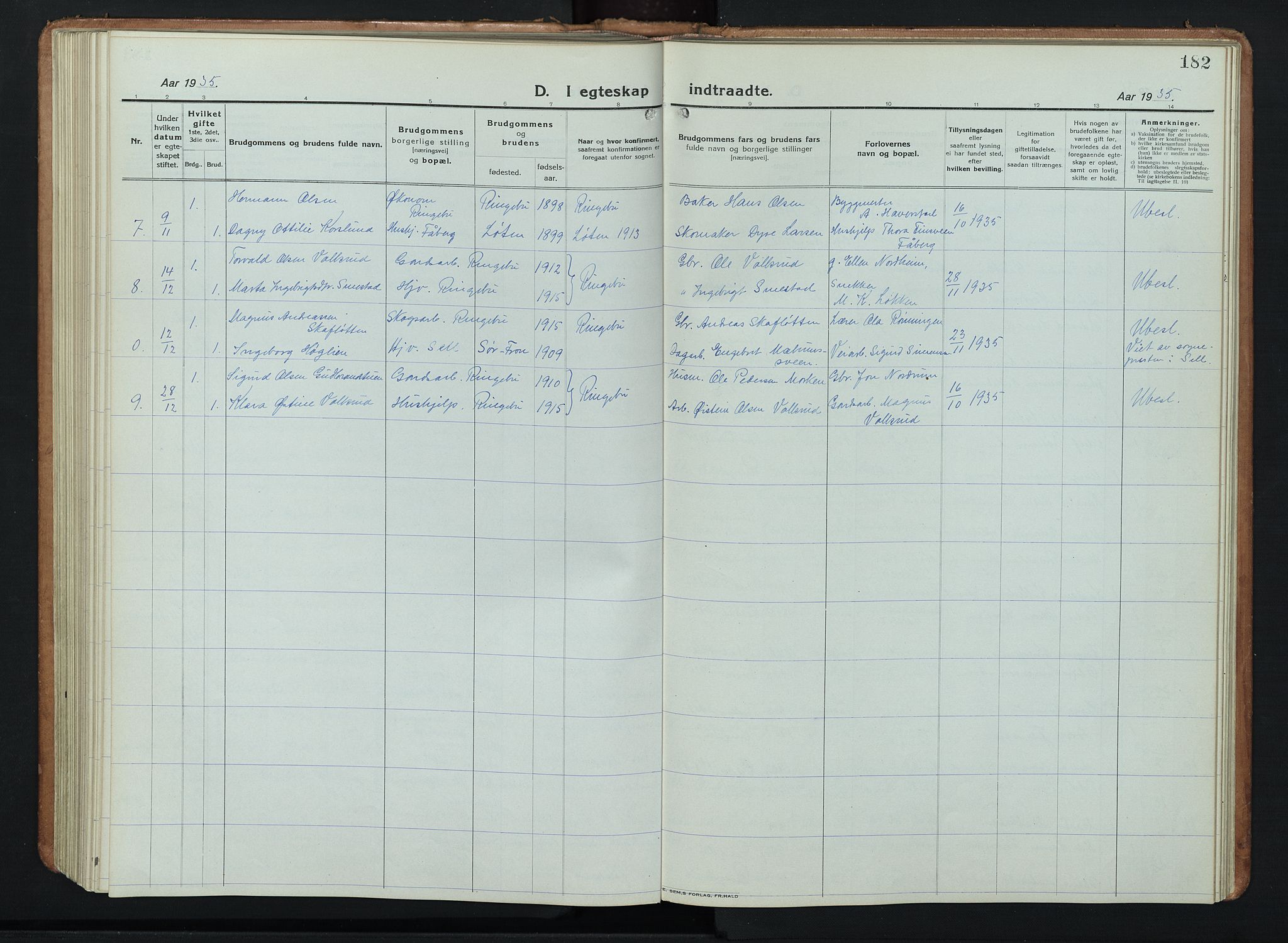 Ringebu prestekontor, AV/SAH-PREST-082/H/Ha/Hab/L0011: Parish register (copy) no. 11, 1921-1943, p. 182