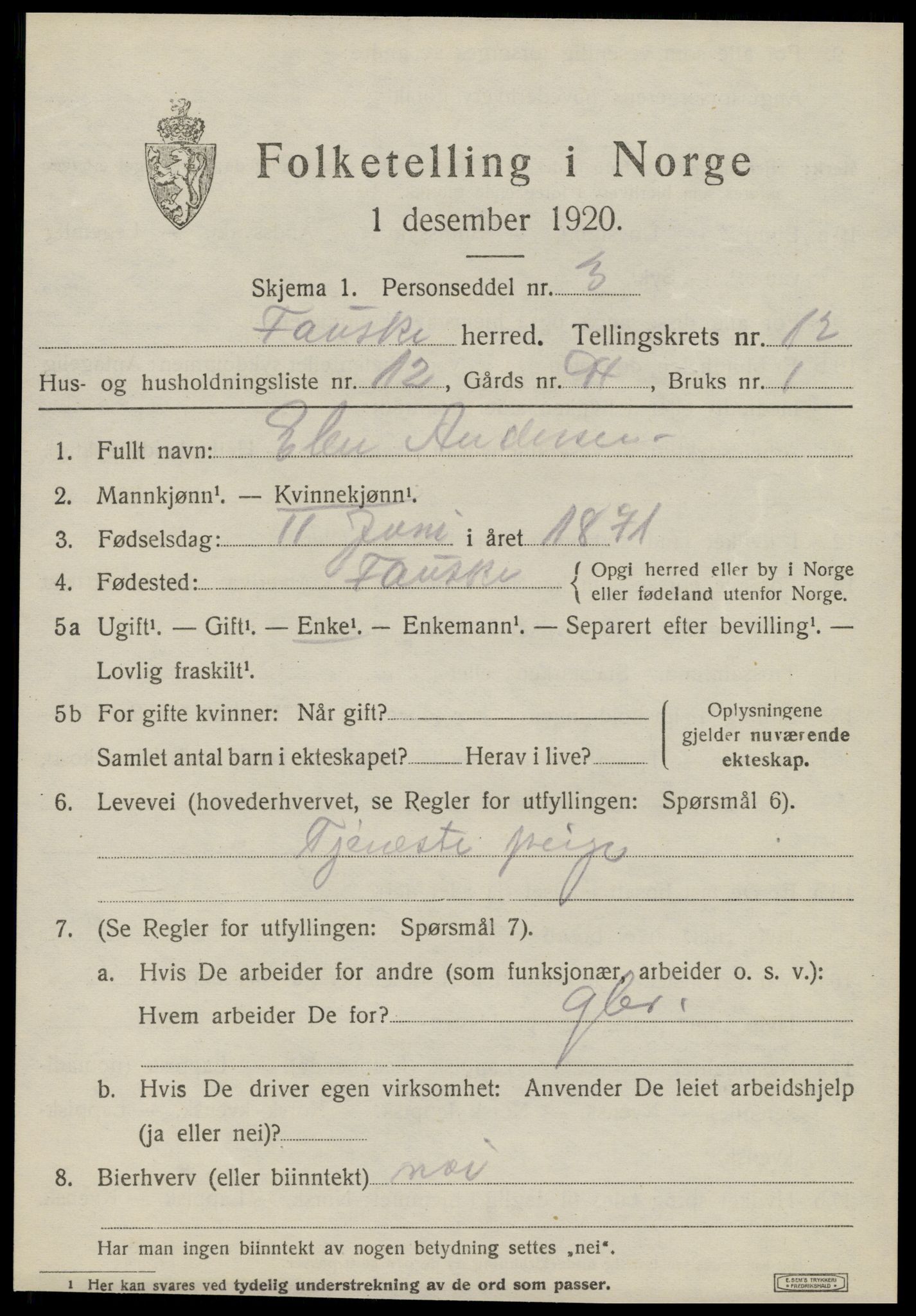 SAT, 1920 census for Fauske, 1920, p. 8356