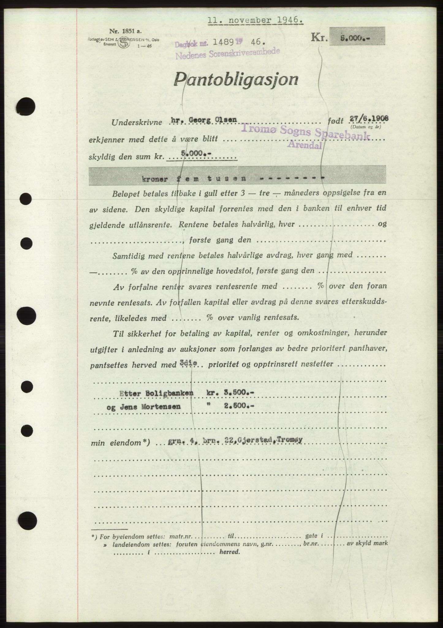 Nedenes sorenskriveri, SAK/1221-0006/G/Gb/Gbb/L0003: Mortgage book no. B3b, 1946-1946, Diary no: : 1489/1946