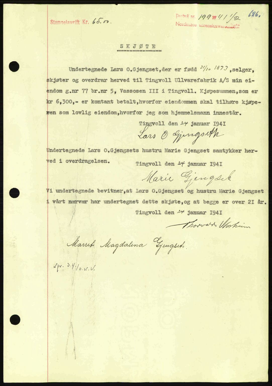Nordmøre sorenskriveri, SAT/A-4132/1/2/2Ca: Mortgage book no. A89, 1940-1941, Diary no: : 199/1941