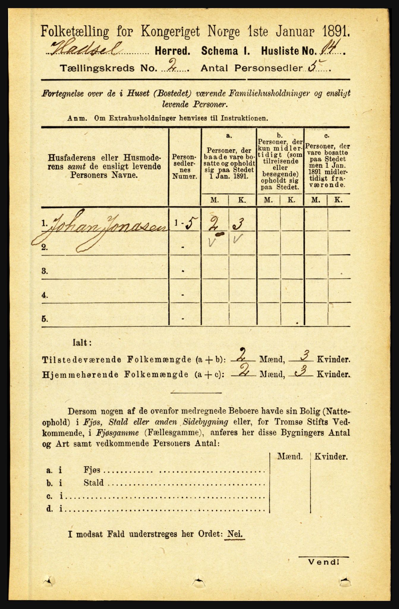 RA, 1891 census for 1866 Hadsel, 1891, p. 608