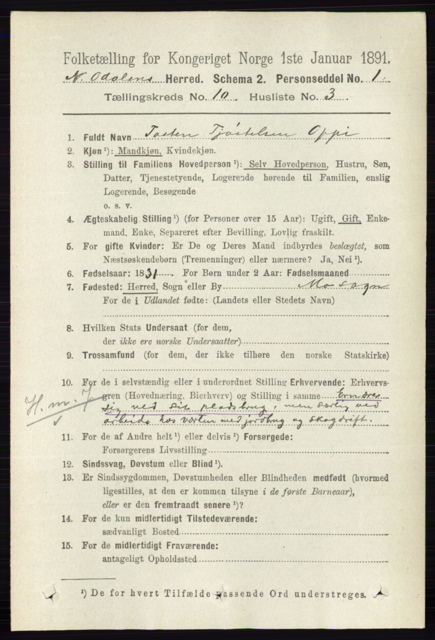 RA, 1891 census for 0418 Nord-Odal, 1891, p. 4530